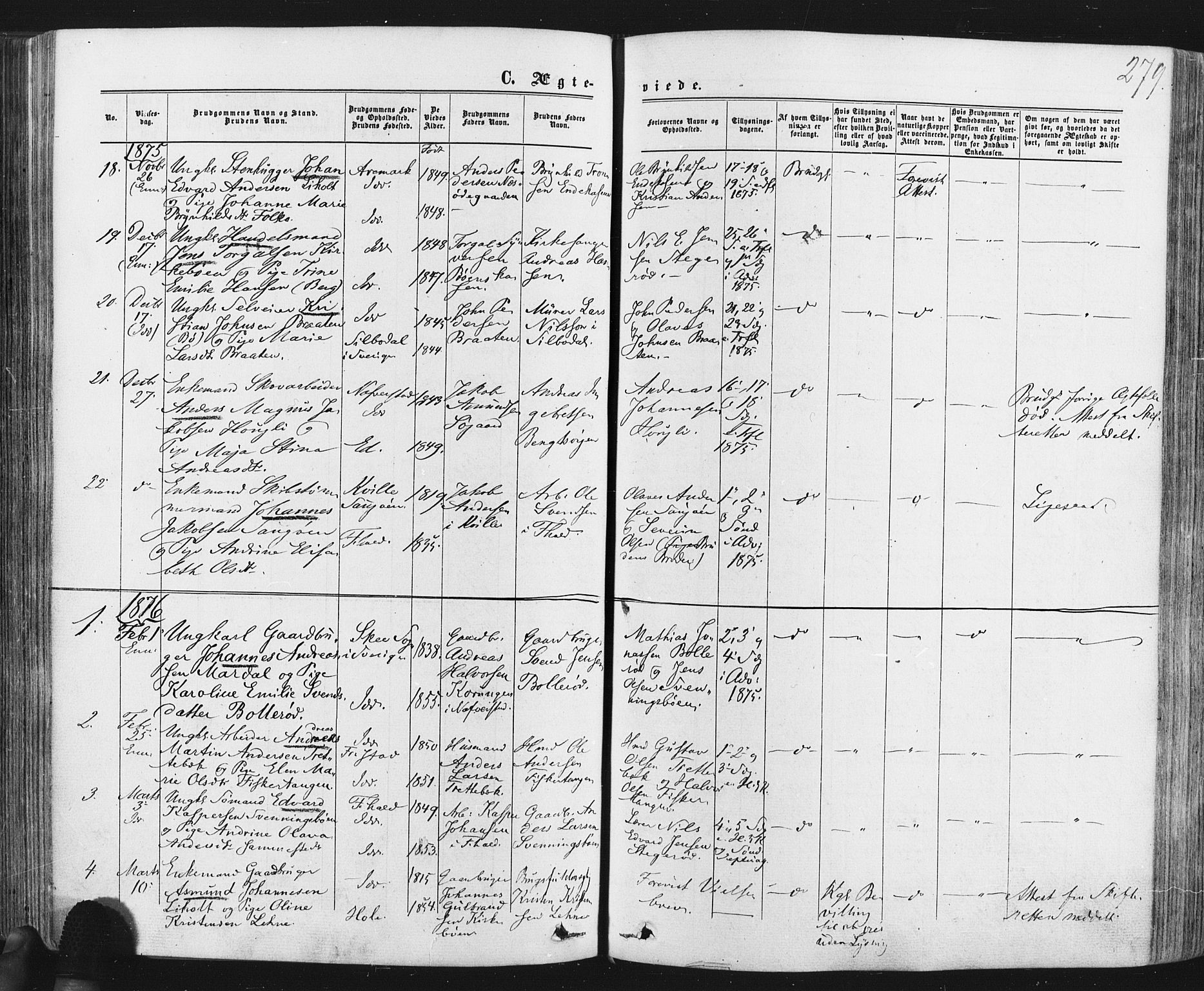 Idd prestekontor Kirkebøker, SAO/A-10911/F/Fc/L0005: Parish register (official) no. III 5, 1861-1877, p. 279