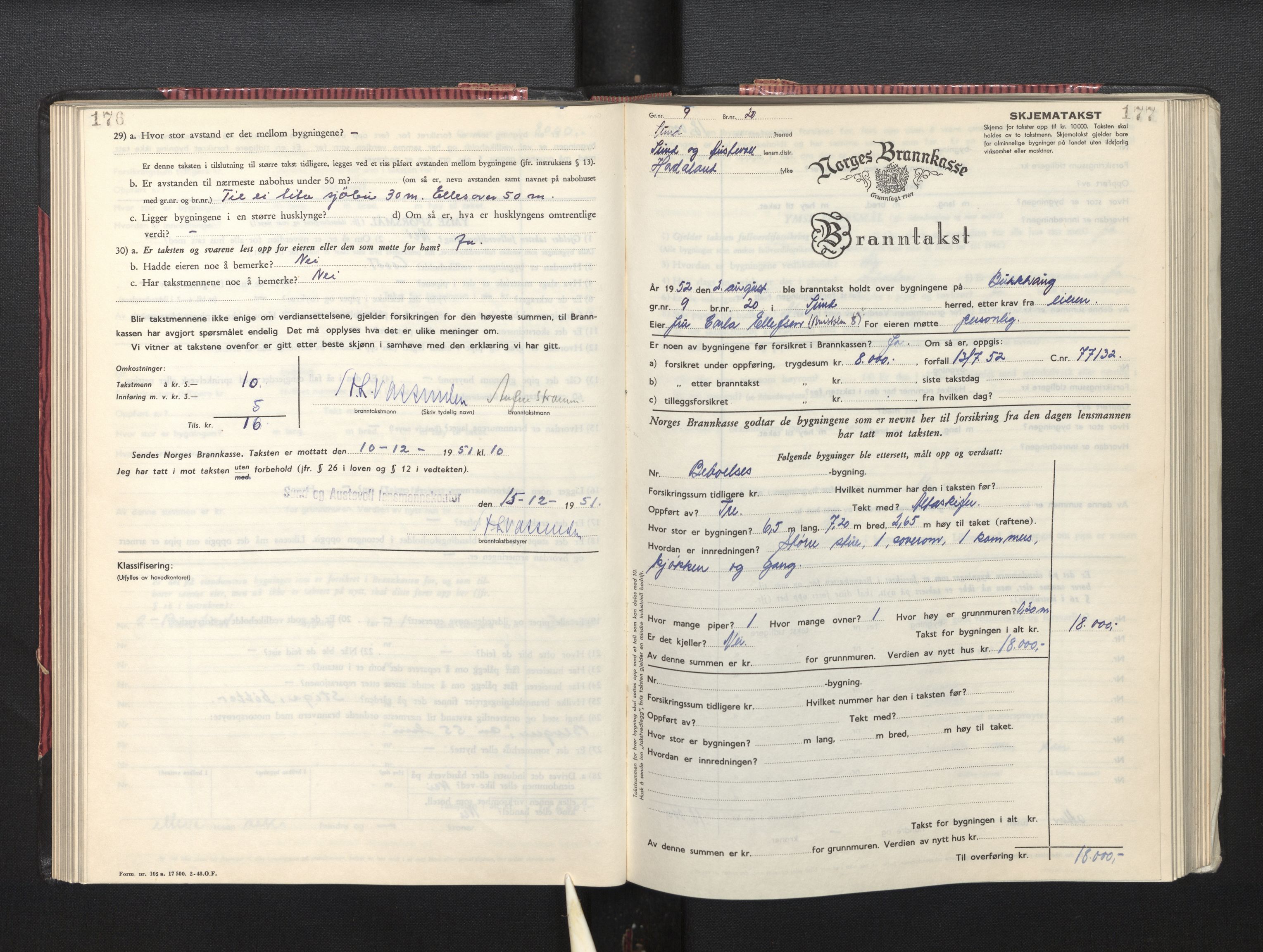 Lensmannen i Sund og Austevoll, AV/SAB-A-35201/0012/L0005: Branntakstprotokoll, skjematakst, 1949-1955, p. 176-177