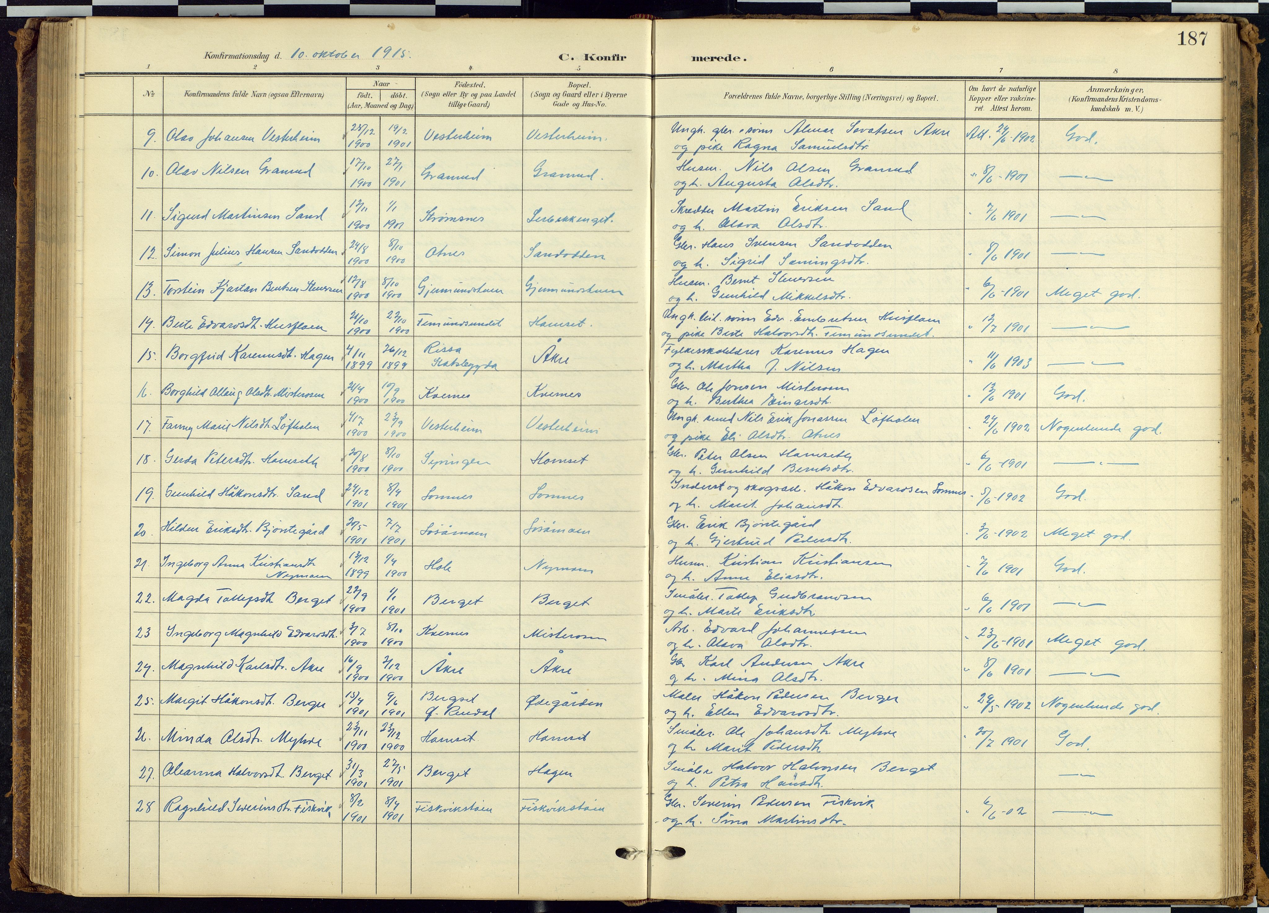 Rendalen prestekontor, SAH/PREST-054/H/Ha/Hab/L0010: Parish register (copy) no. 10, 1903-1940, p. 187