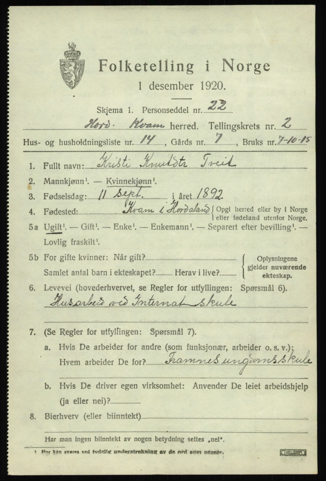 SAB, 1920 census for Kvam, 1920, p. 2013