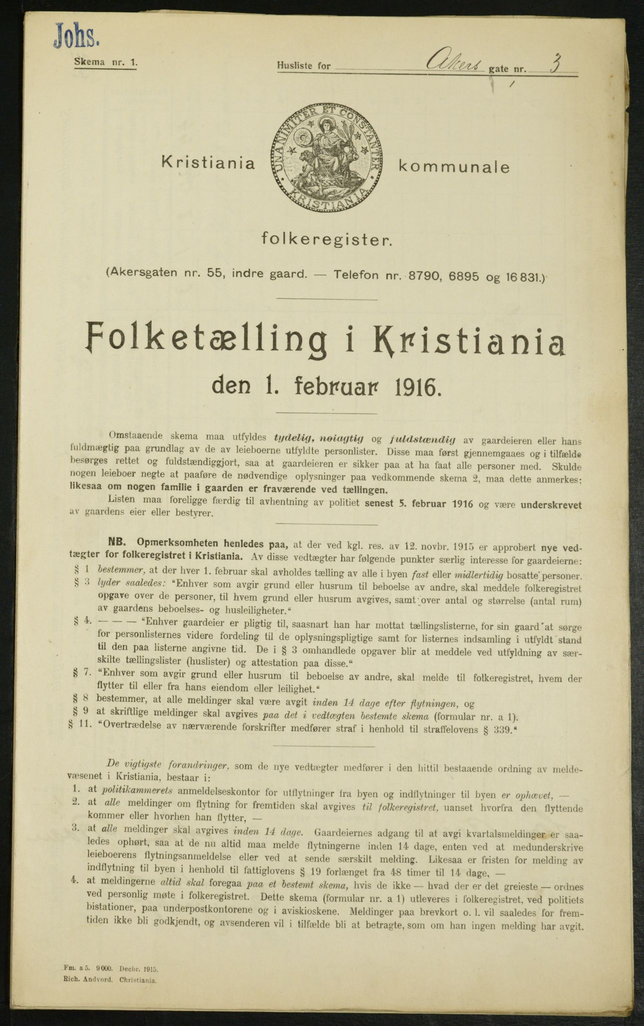 OBA, Municipal Census 1916 for Kristiania, 1916, p. 337