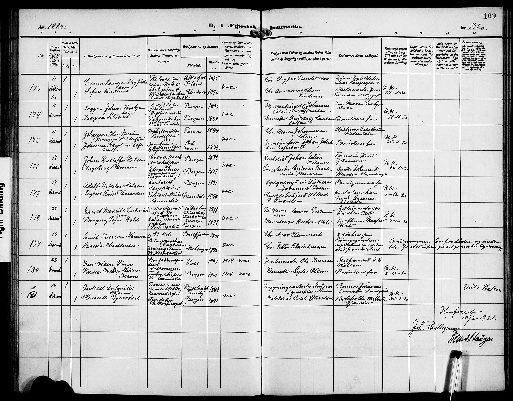 Domkirken sokneprestembete, SAB/A-74801/H/Hab/L0033: Parish register (copy) no. D 5, 1907-1924, p. 169