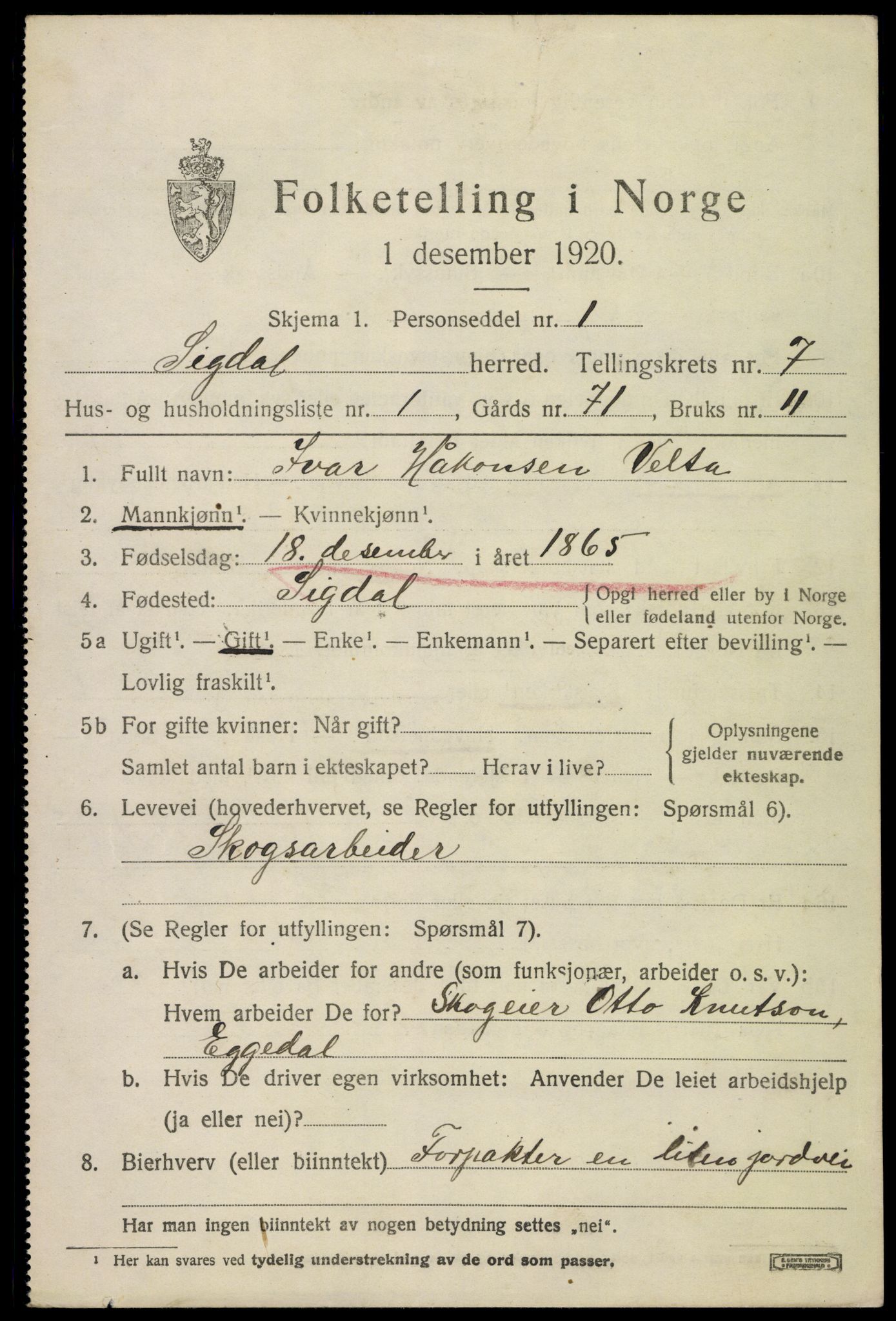 SAKO, 1920 census for Sigdal, 1920, p. 5458