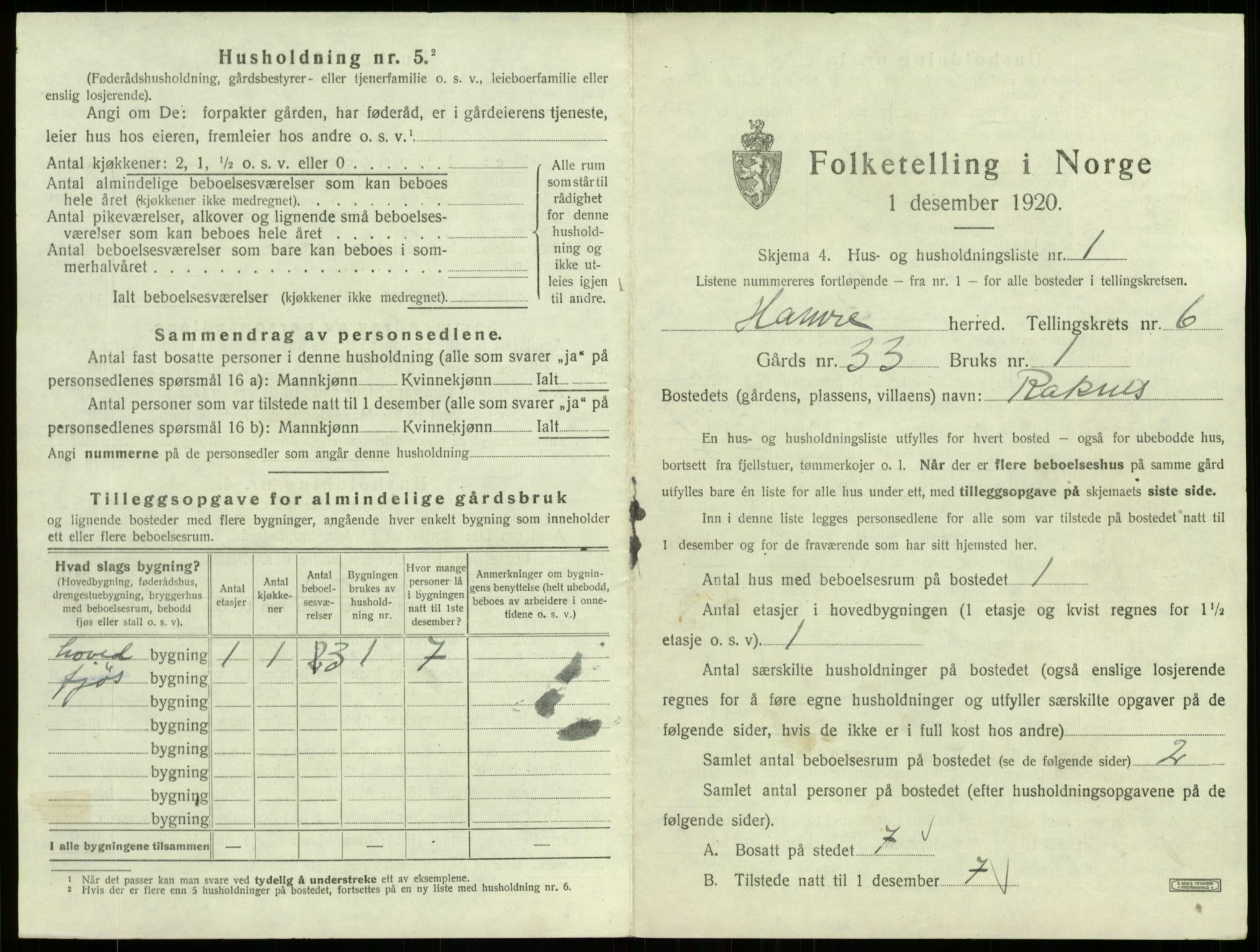 SAB, 1920 census for Hamre, 1920, p. 513