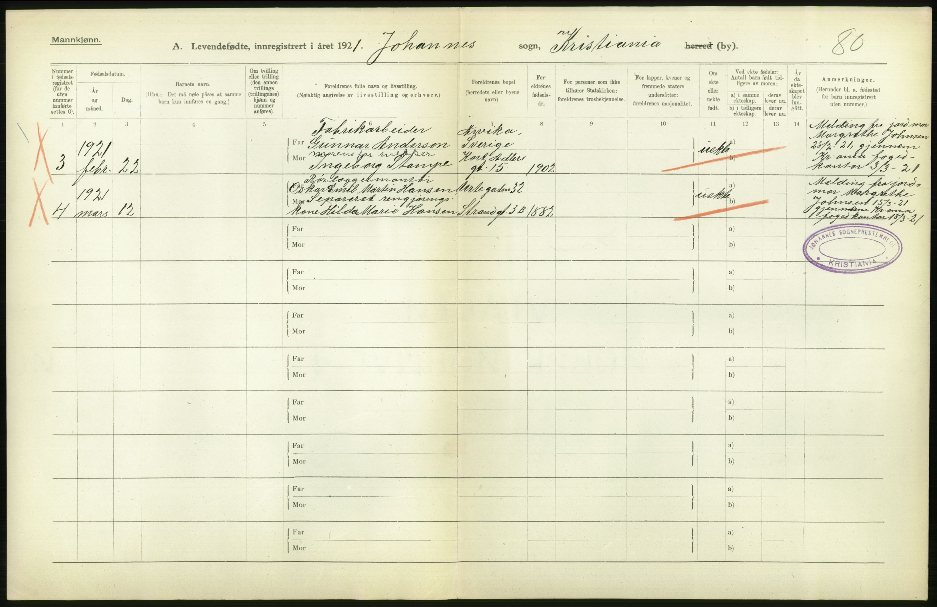 Statistisk sentralbyrå, Sosiodemografiske emner, Befolkning, RA/S-2228/D/Df/Dfc/Dfca/L0009: Kristiania: Levendefødte menn og kvinner., 1921, p. 478