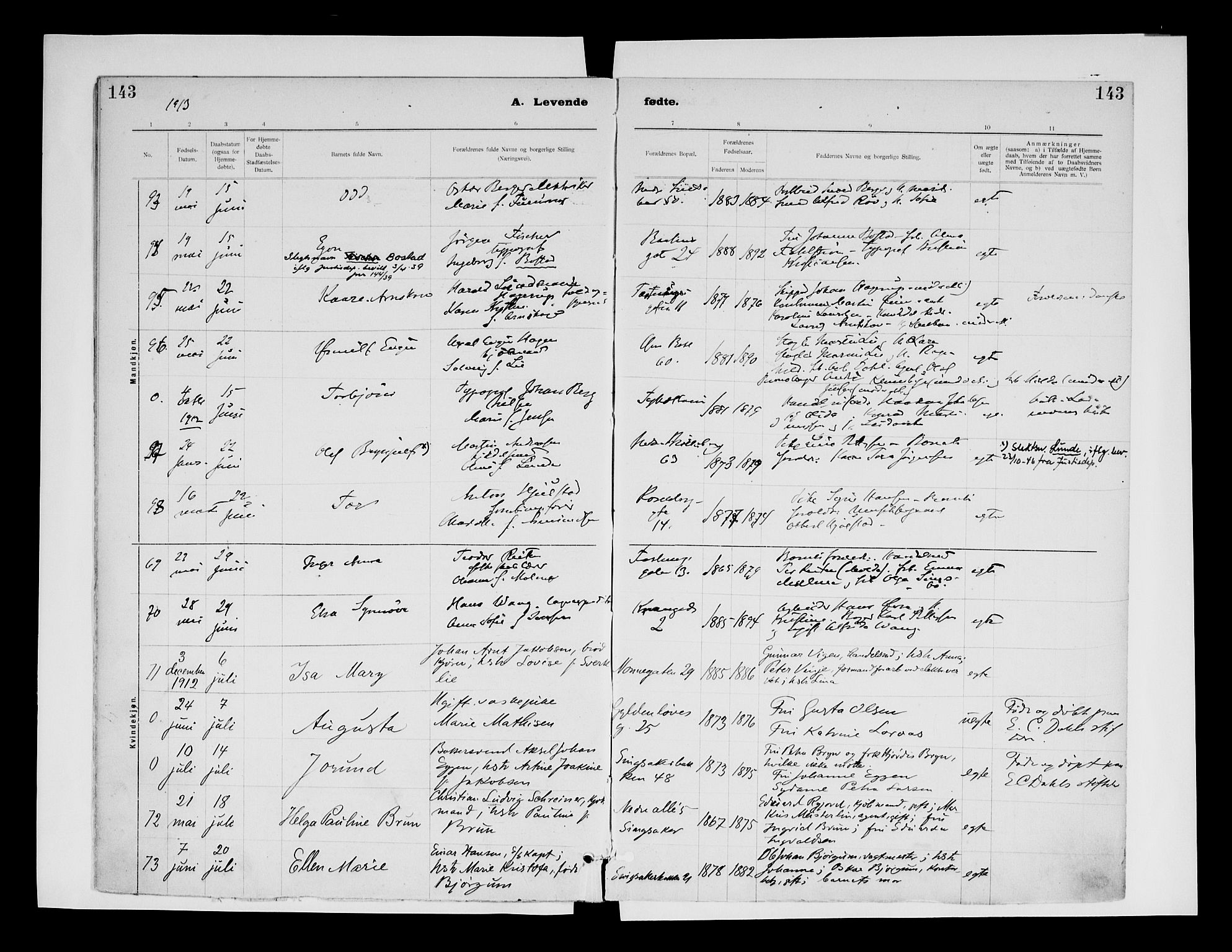 Ministerialprotokoller, klokkerbøker og fødselsregistre - Sør-Trøndelag, SAT/A-1456/604/L0203: Parish register (official) no. 604A23, 1908-1916, p. 143