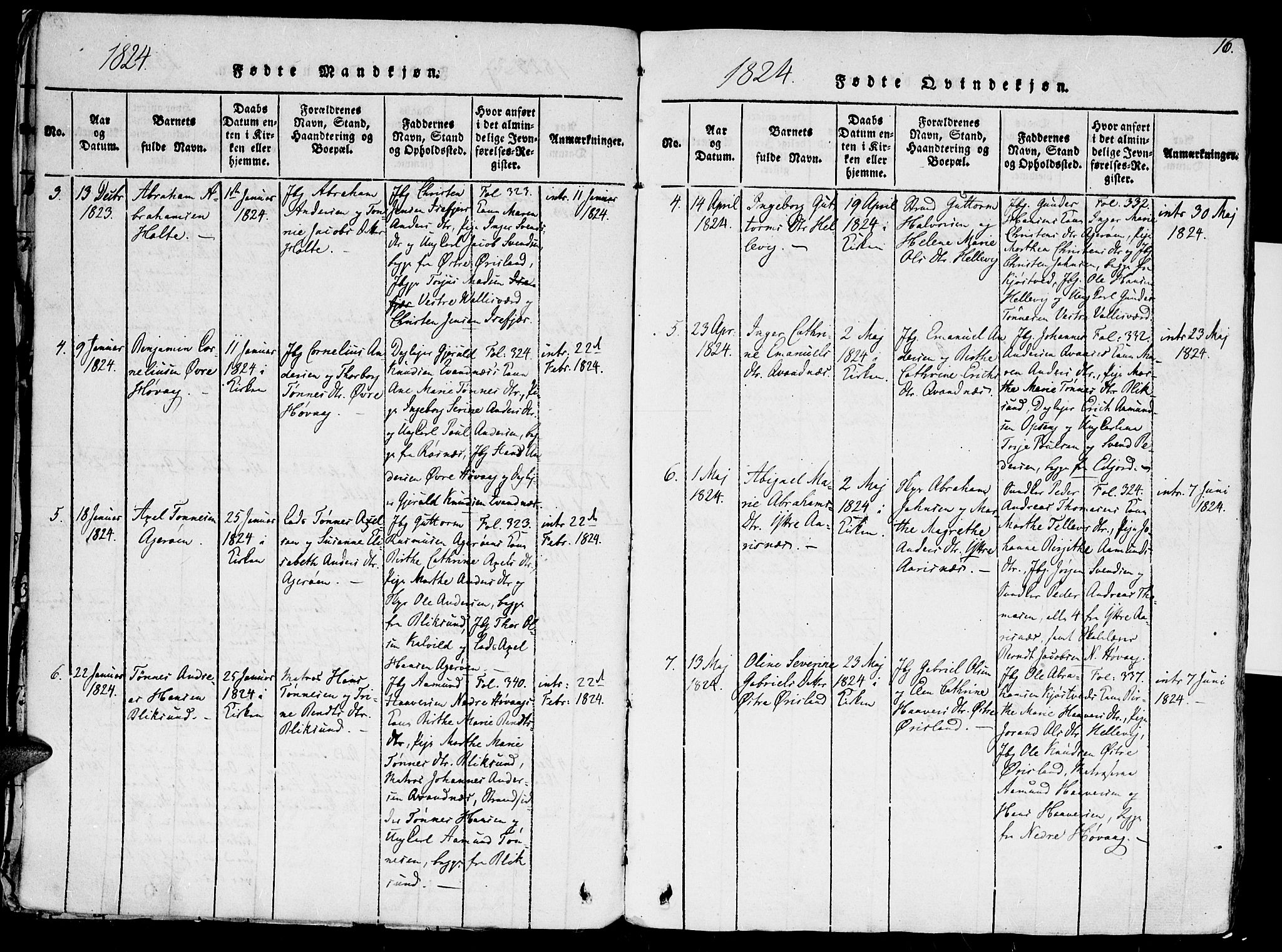 Høvåg sokneprestkontor, SAK/1111-0025/F/Fa/L0001: Parish register (official) no. A 1, 1816-1843, p. 16