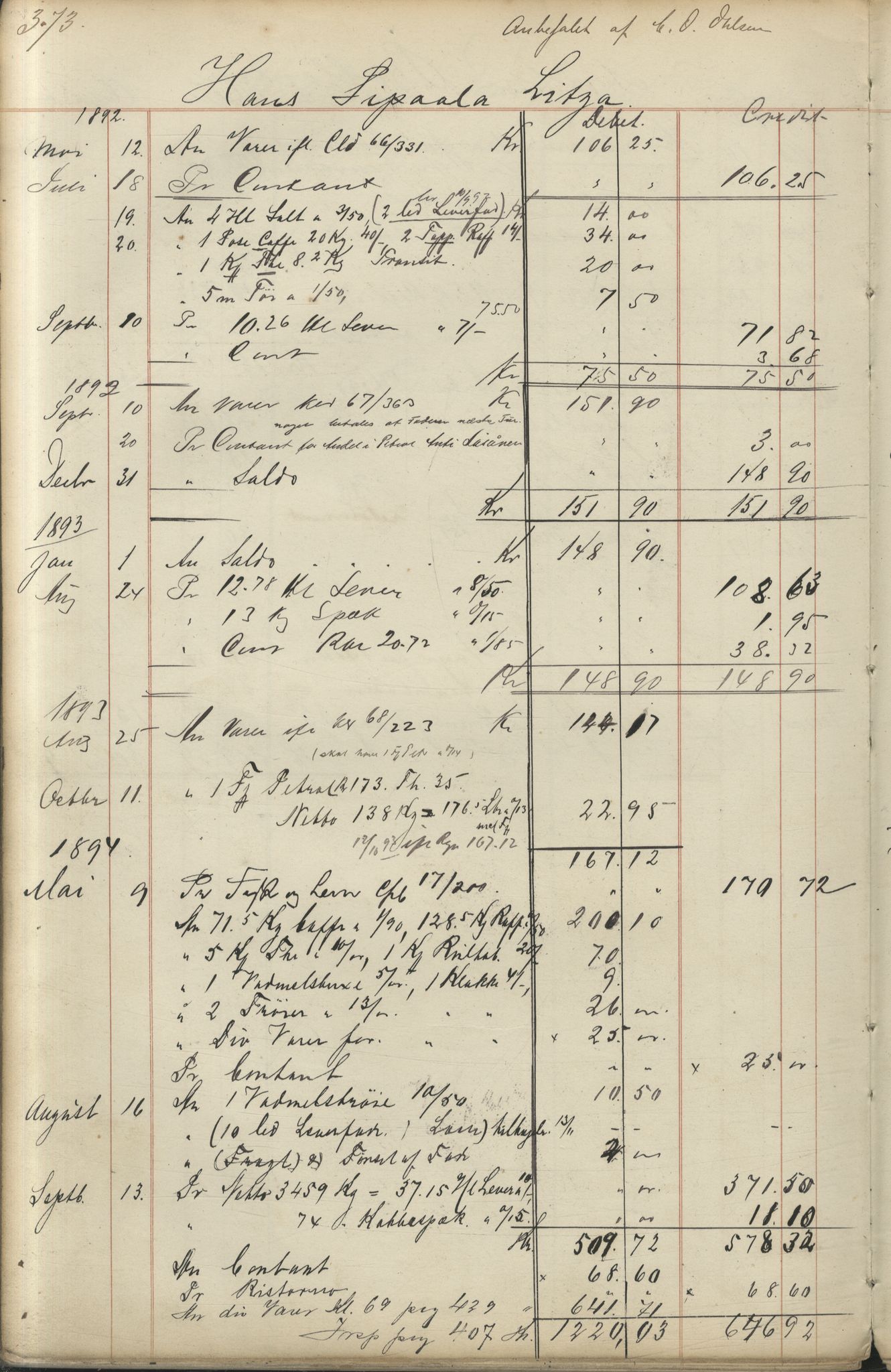 Brodtkorb handel A/S, VAMU/A-0001/F/Fc/L0001/0001: Konto for kvener og nordmenn på Kolahalvøya  / Conto for Kvæner og Nordmænd paa Russefinmarken No 1, 1868-1894, p. 373