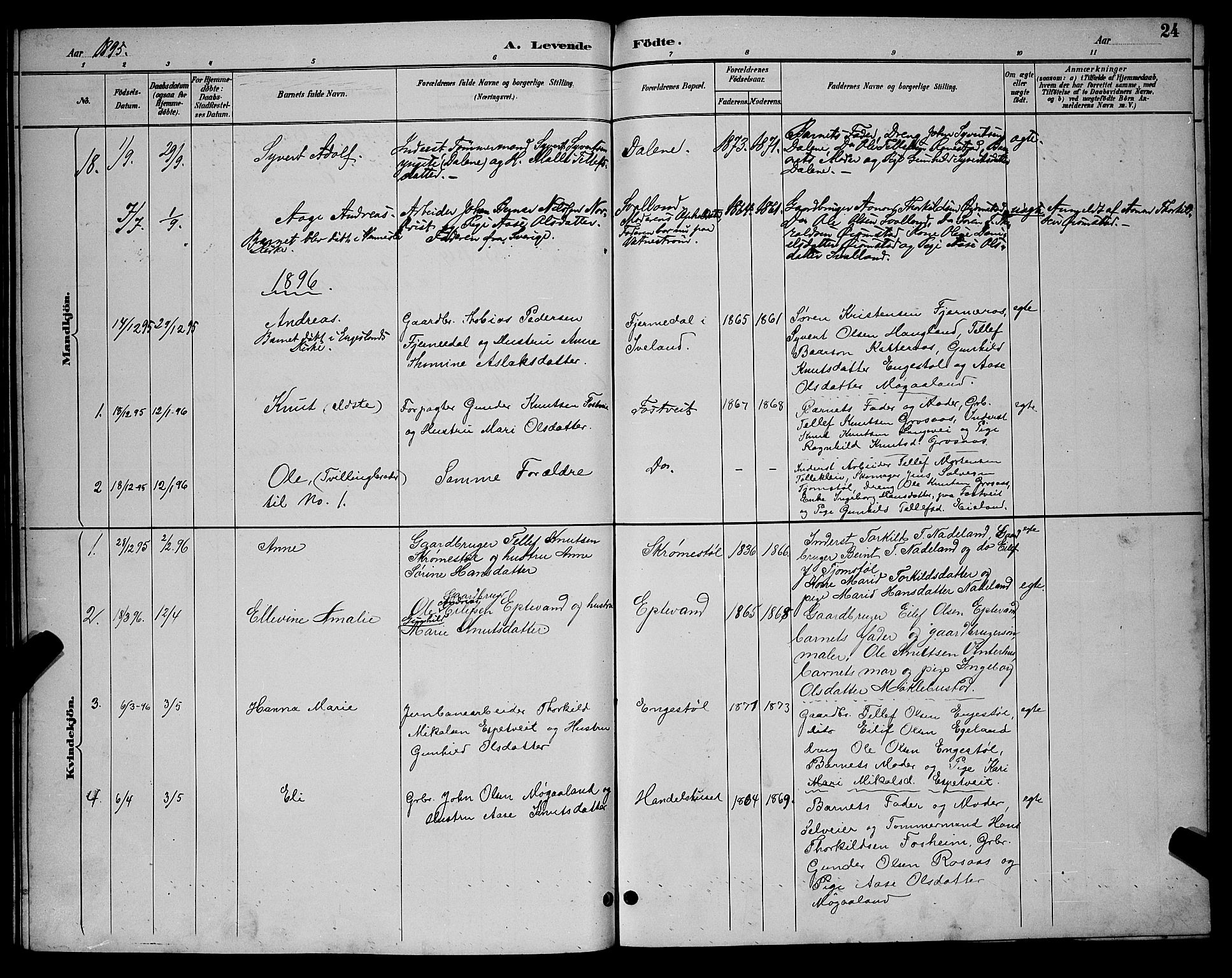 Evje sokneprestkontor, AV/SAK-1111-0008/F/Fb/Fbc/L0004: Parish register (copy) no. B 4, 1890-1900, p. 24