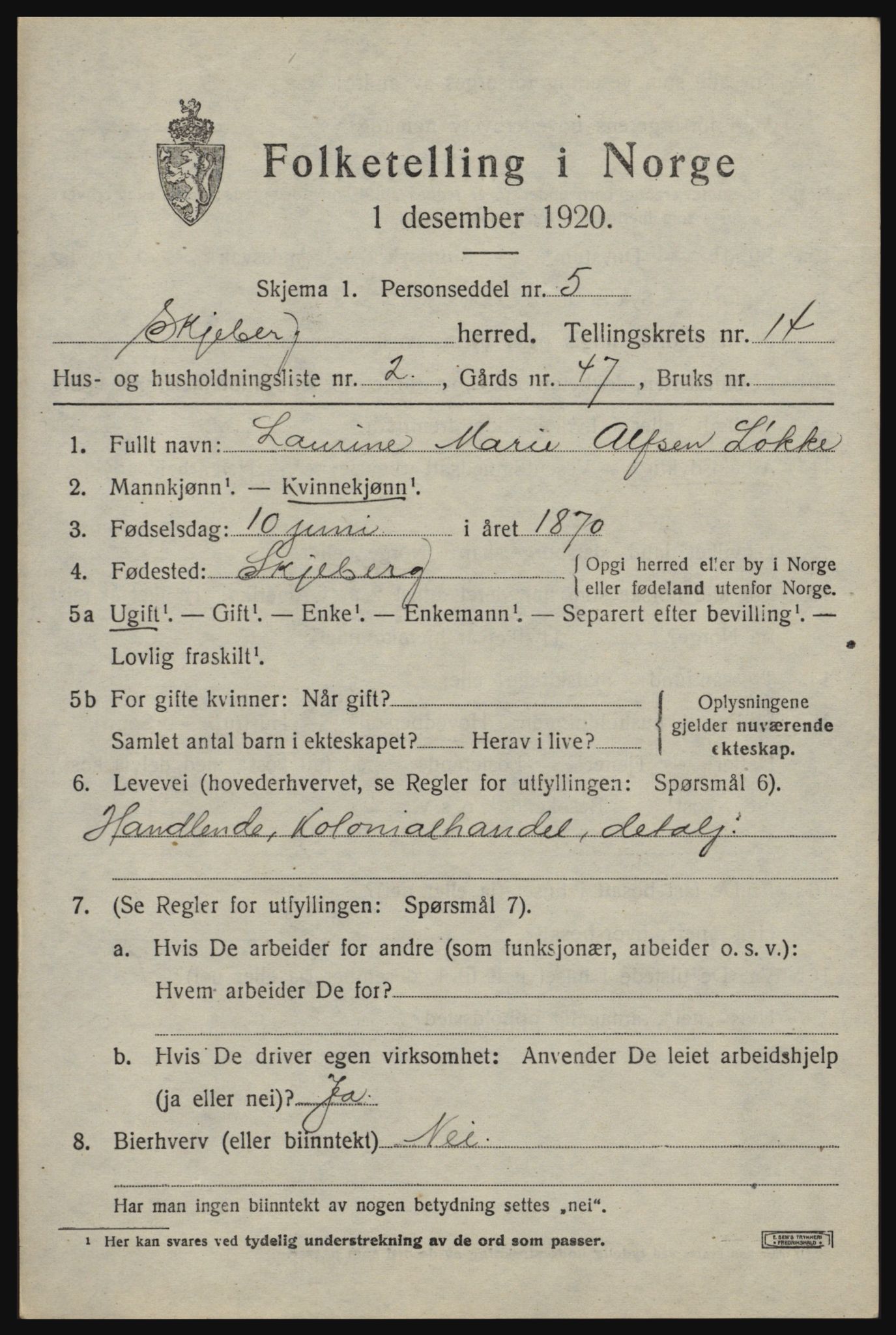 SAO, 1920 census for Skjeberg, 1920, p. 13029