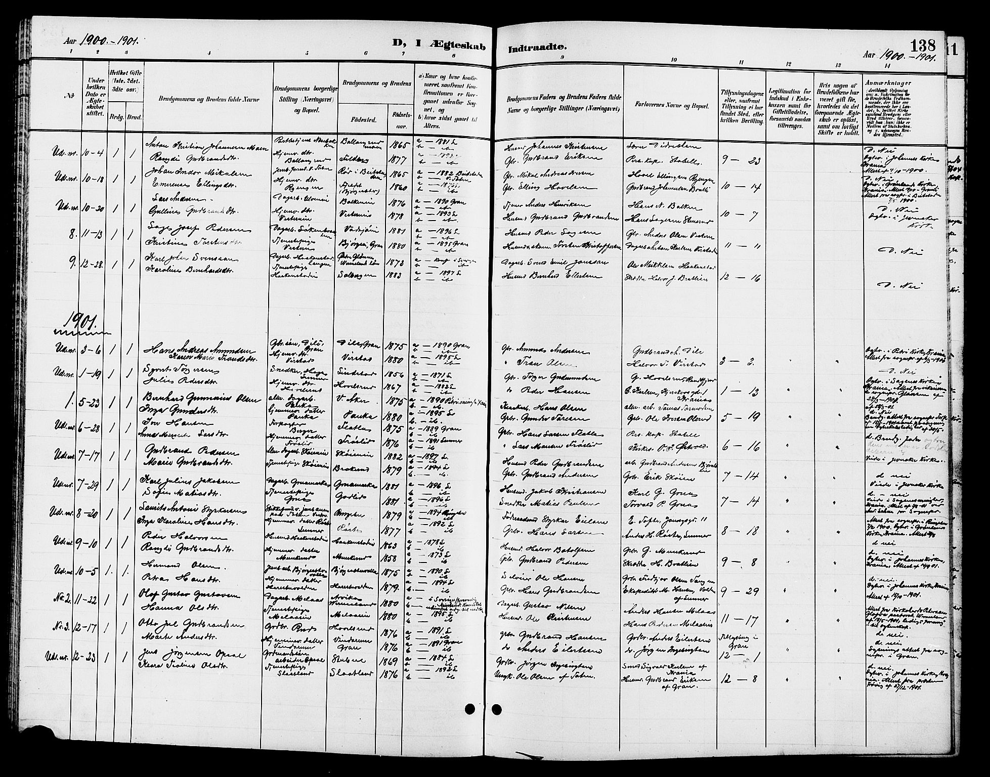 Jevnaker prestekontor, SAH/PREST-116/H/Ha/Hab/L0003: Parish register (copy) no. 3, 1896-1909, p. 138