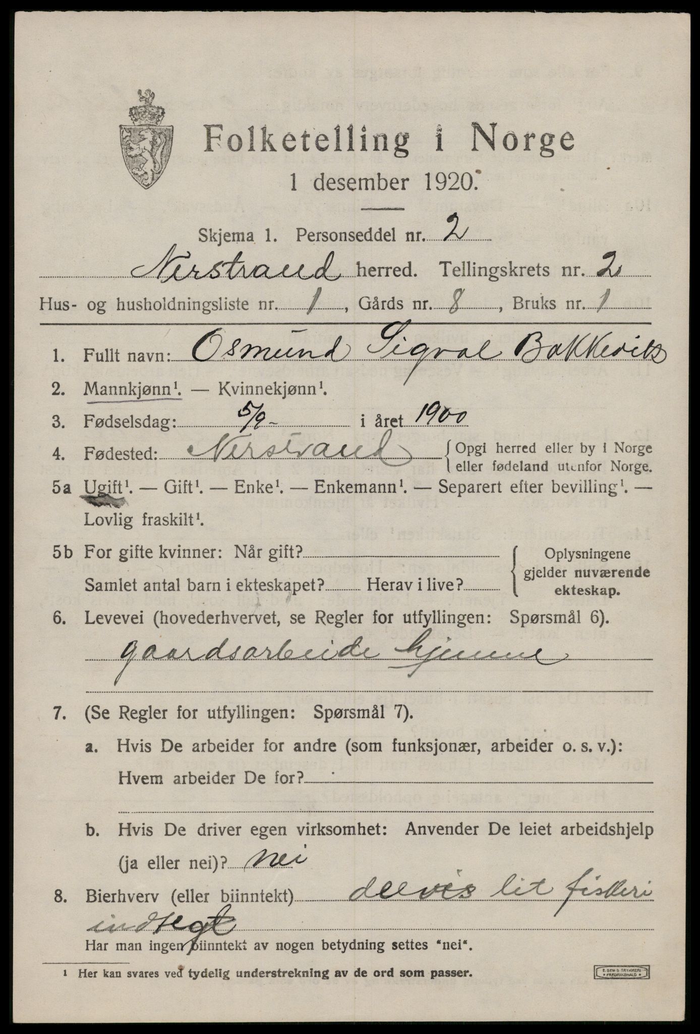 SAST, 1920 census for Nedstrand, 1920, p. 989