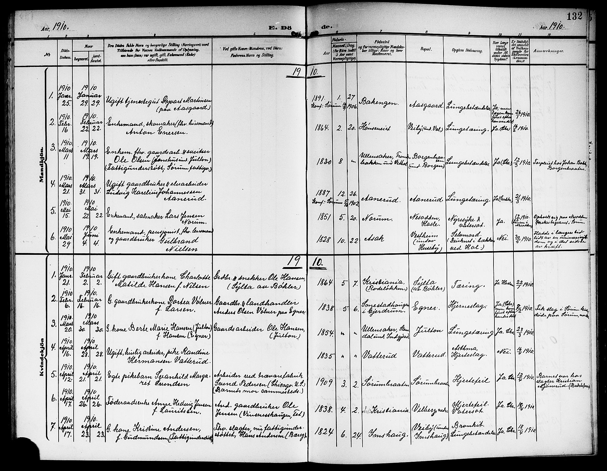 Sørum prestekontor Kirkebøker, AV/SAO-A-10303/G/Ga/L0007: Parish register (copy) no. I 7, 1907-1917, p. 132