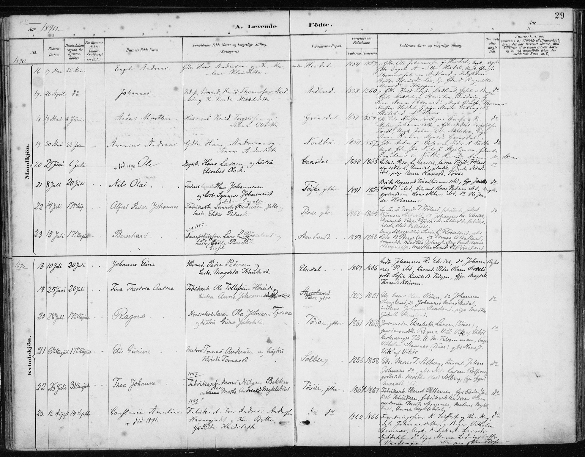 Samnanger Sokneprestembete, AV/SAB-A-77501/H/Haa: Parish register (official) no. A 1, 1885-1901, p. 29