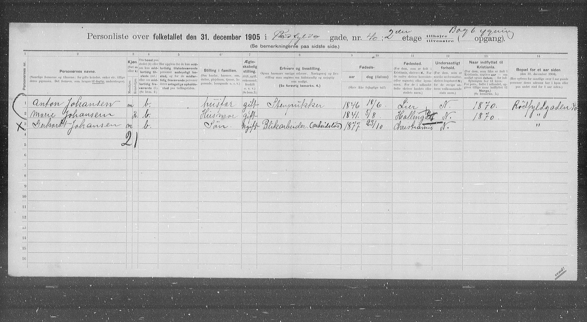 OBA, Municipal Census 1905 for Kristiania, 1905, p. 45433