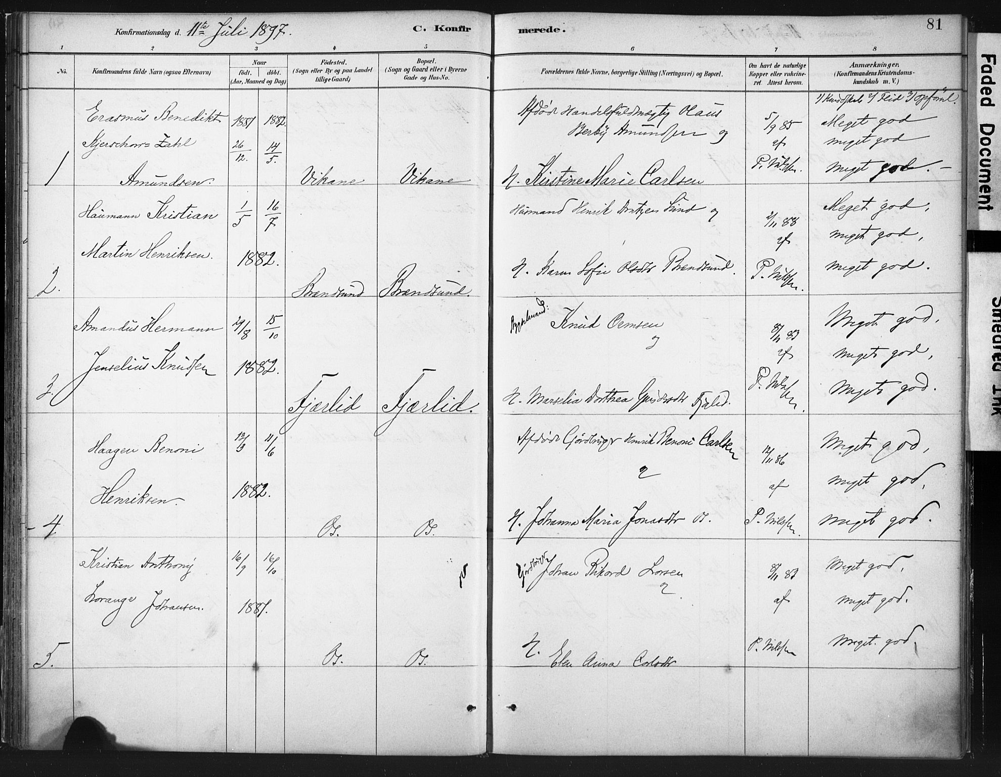 Ministerialprotokoller, klokkerbøker og fødselsregistre - Nordland, SAT/A-1459/803/L0071: Parish register (official) no. 803A01, 1881-1897, p. 81