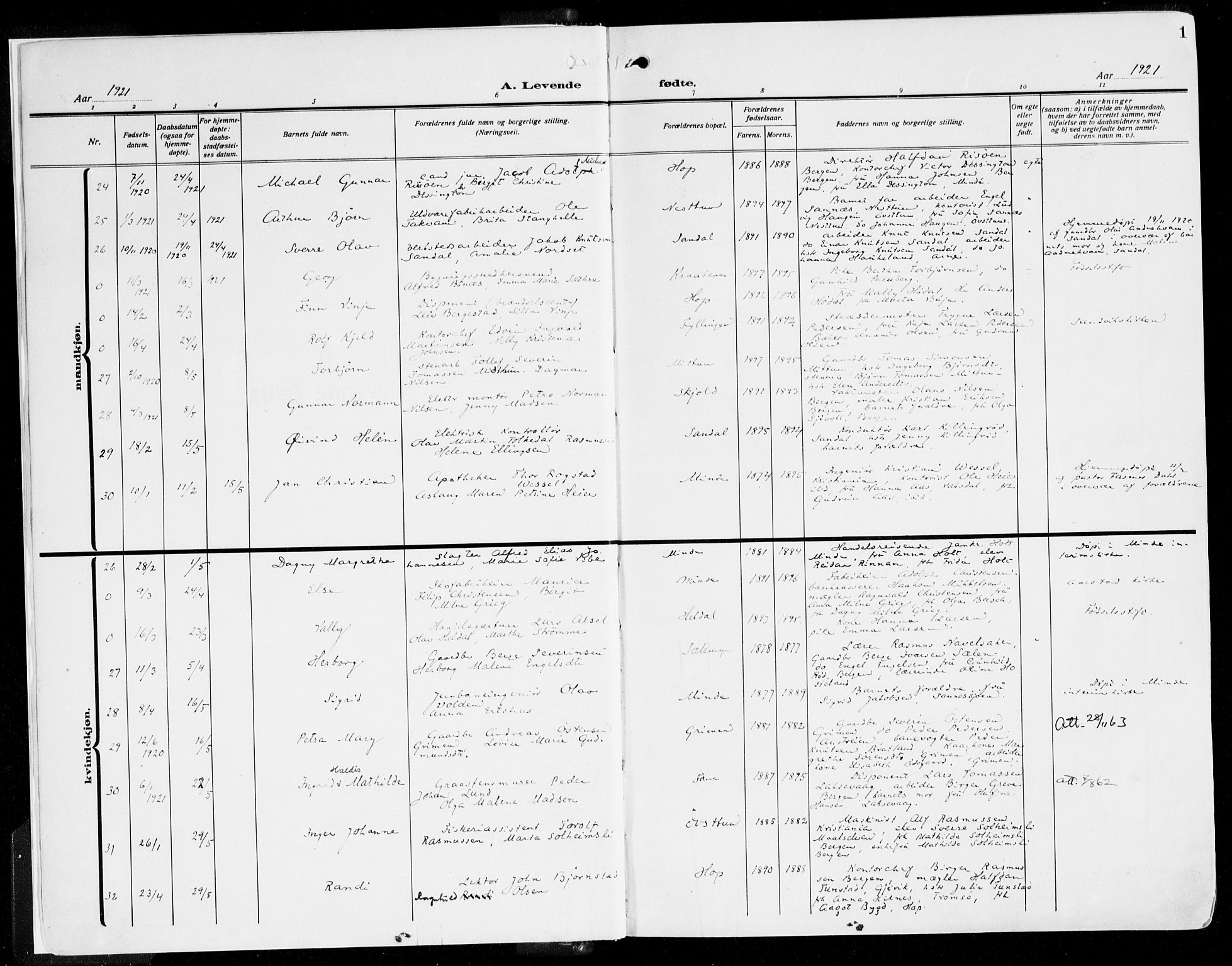 Fana Sokneprestembete, AV/SAB-A-75101/H/Haa/Haaj/L0001: Parish register (official) no. J 1, 1921-1935, p. 1