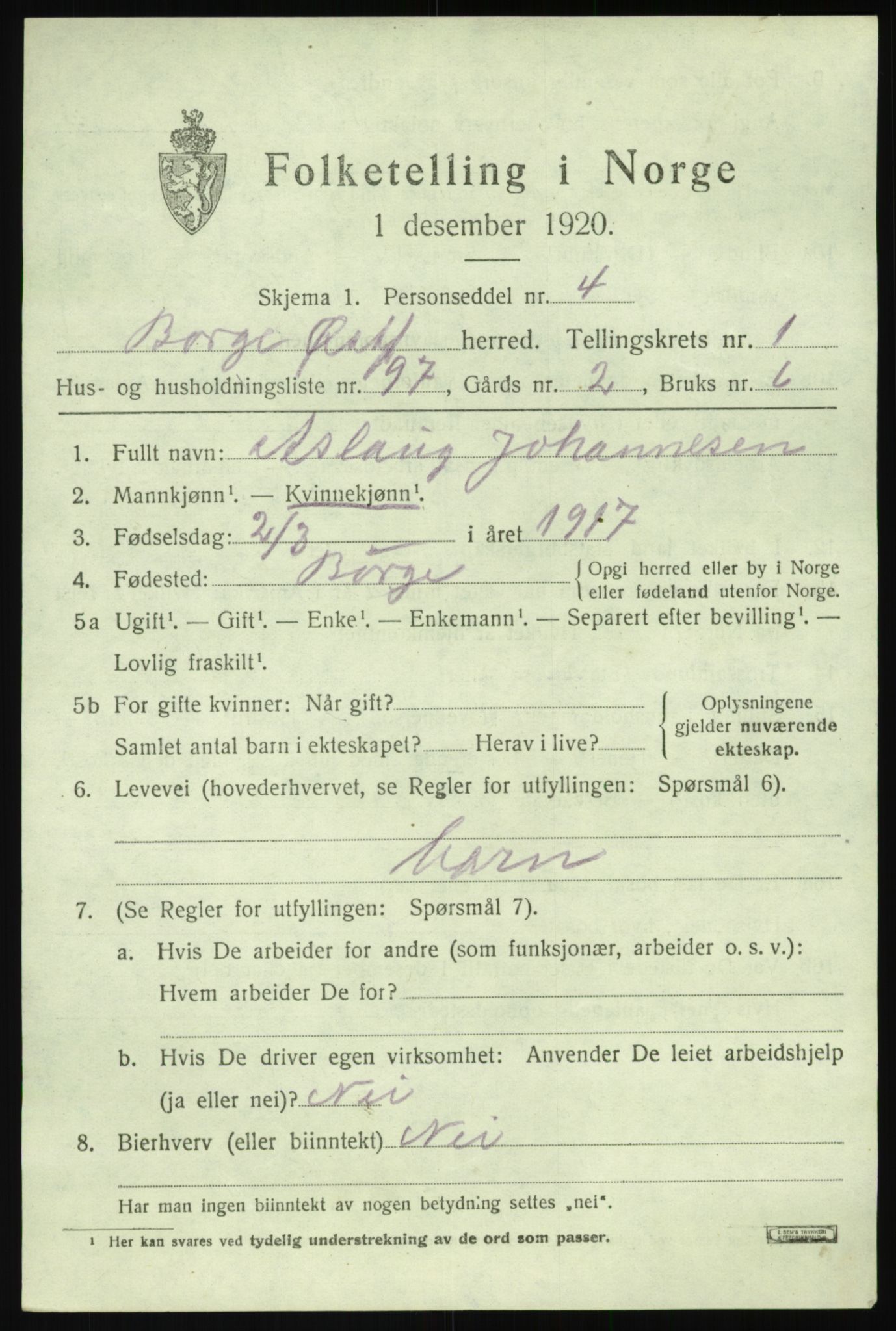 SAO, 1920 census for Borge, 1920, p. 3003