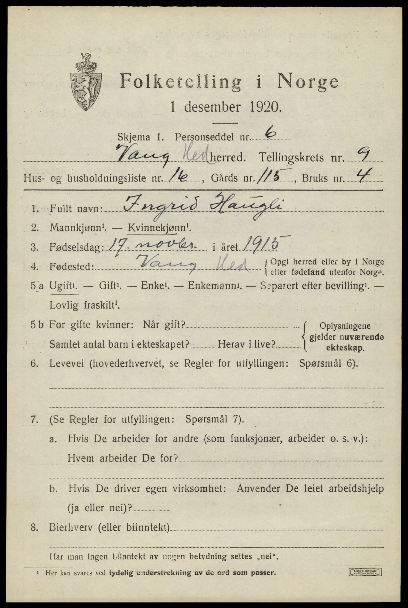 SAH, 1920 census for Vang (Hedmark), 1920, p. 18299