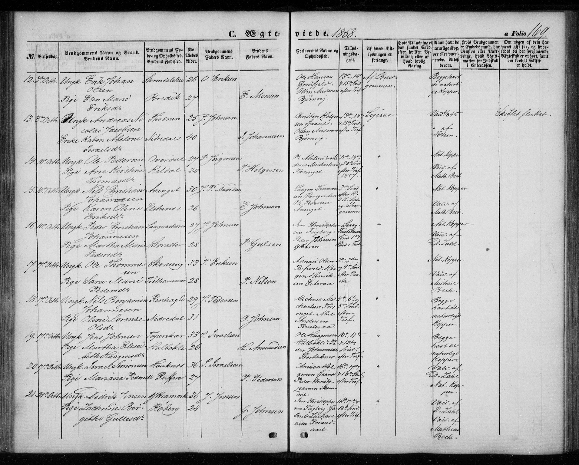 Ministerialprotokoller, klokkerbøker og fødselsregistre - Nordland, AV/SAT-A-1459/827/L0392: Parish register (official) no. 827A04, 1853-1866, p. 169