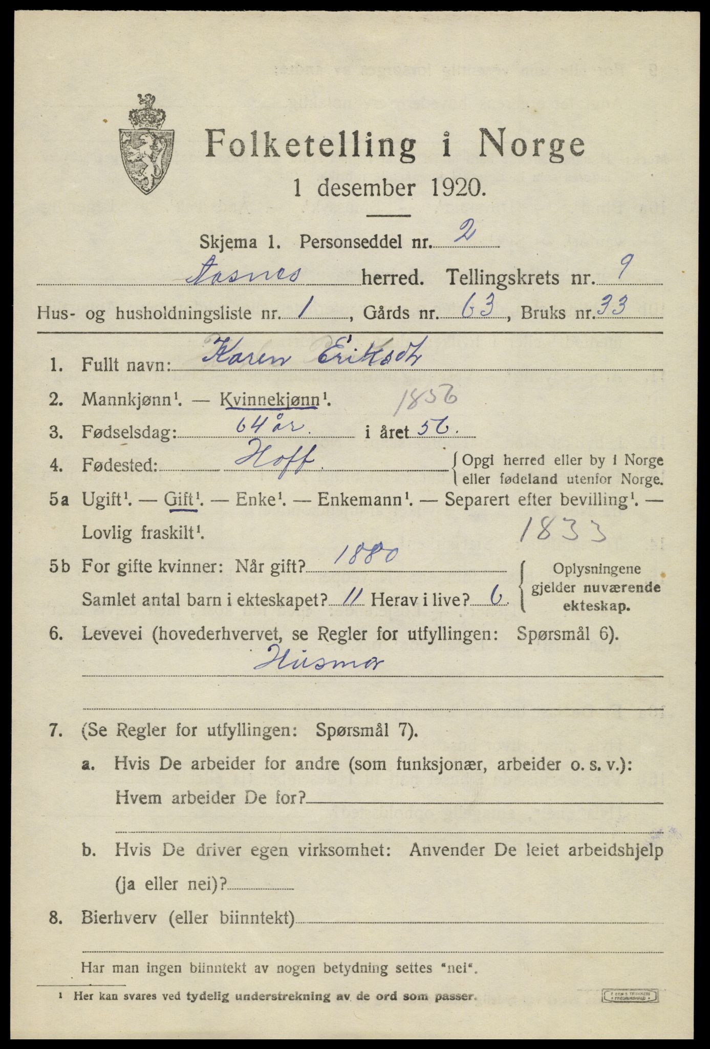 SAH, 1920 census for Åsnes, 1920, p. 9836