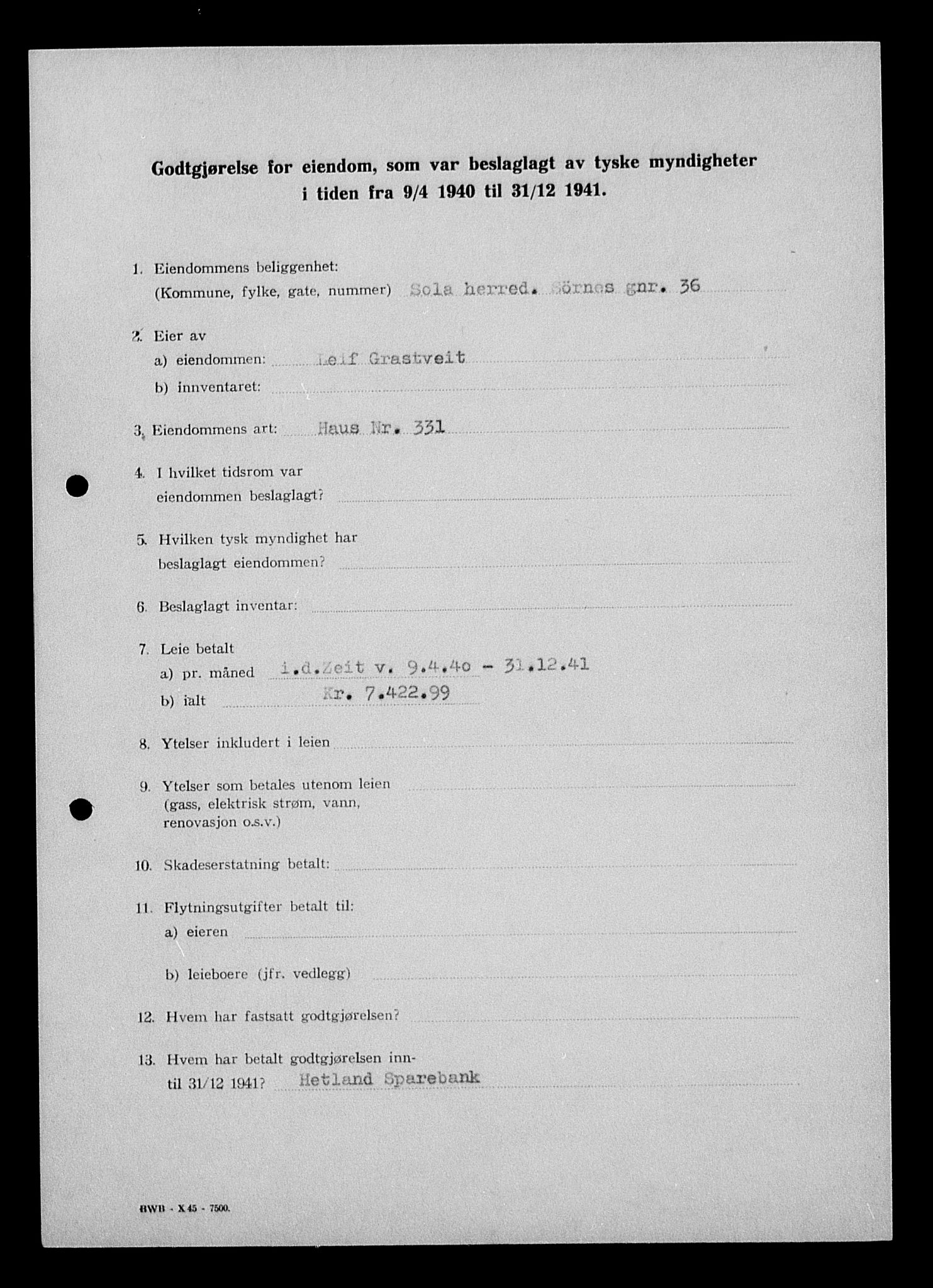 Justisdepartementet, Tilbakeføringskontoret for inndratte formuer, AV/RA-S-1564/I/L1014: Godtgjørelse for beslaglagt eiendom, 1940-1941, p. 293
