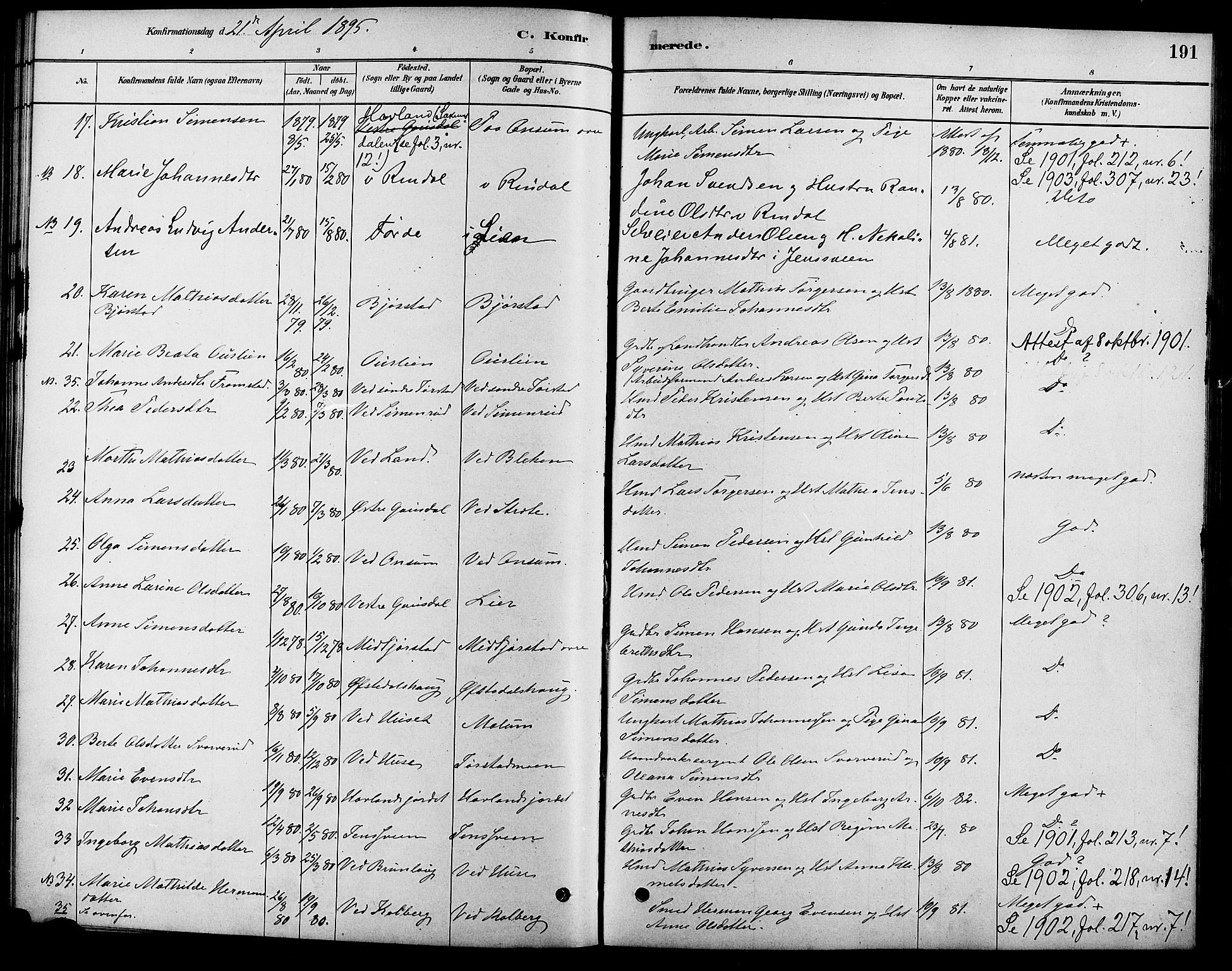 Fåberg prestekontor, AV/SAH-PREST-086/H/Ha/Haa/L0008: Parish register (official) no. 8, 1879-1898, p. 191