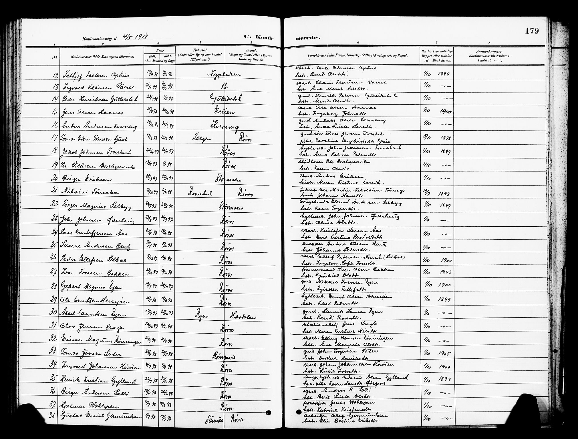 Ministerialprotokoller, klokkerbøker og fødselsregistre - Sør-Trøndelag, SAT/A-1456/681/L0942: Parish register (copy) no. 681C06, 1906-1925, p. 179
