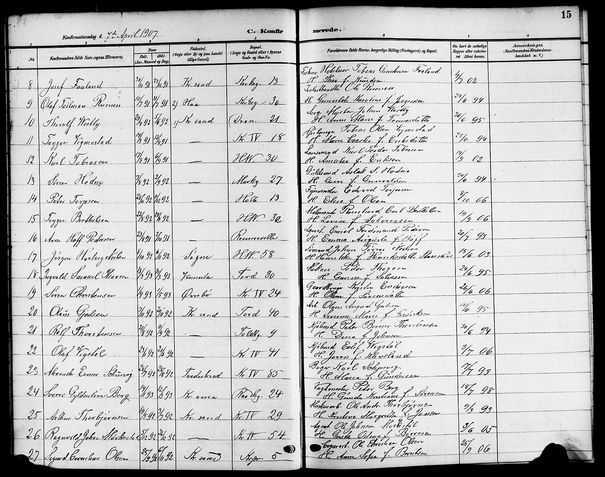 Kristiansand domprosti, SAK/1112-0006/F/Fb/L0020: Parish register (copy) no. B 20, 1906-1915, p. 15