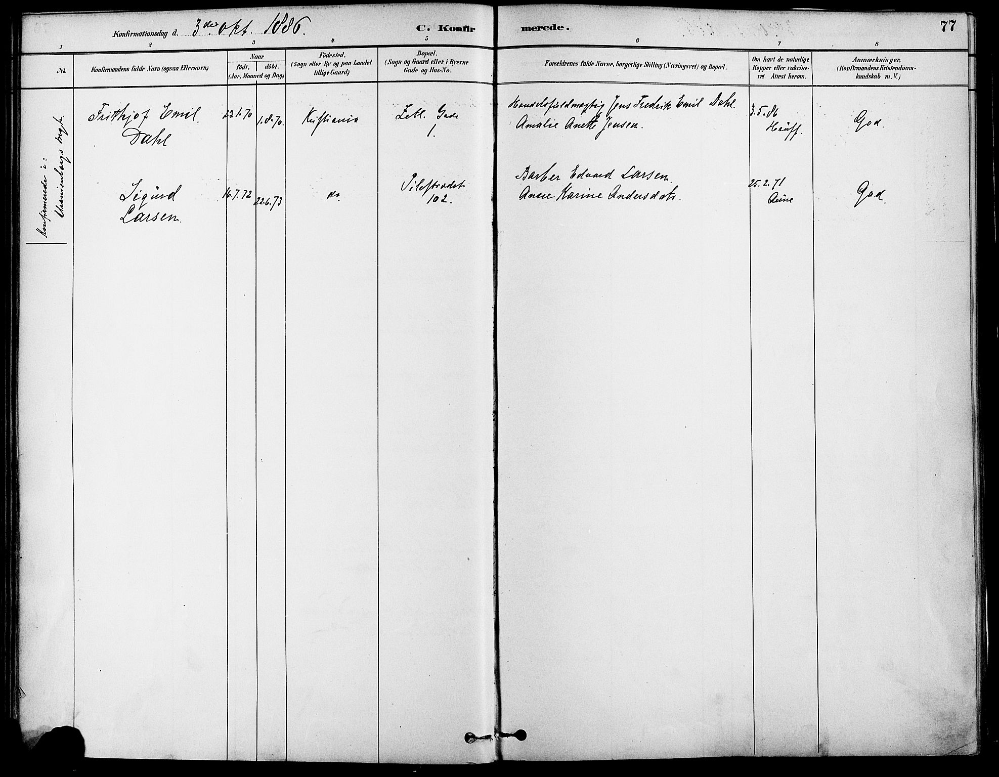 Gamle Aker prestekontor Kirkebøker, SAO/A-10617a/F/L0007: Parish register (official) no. 7, 1882-1890, p. 77