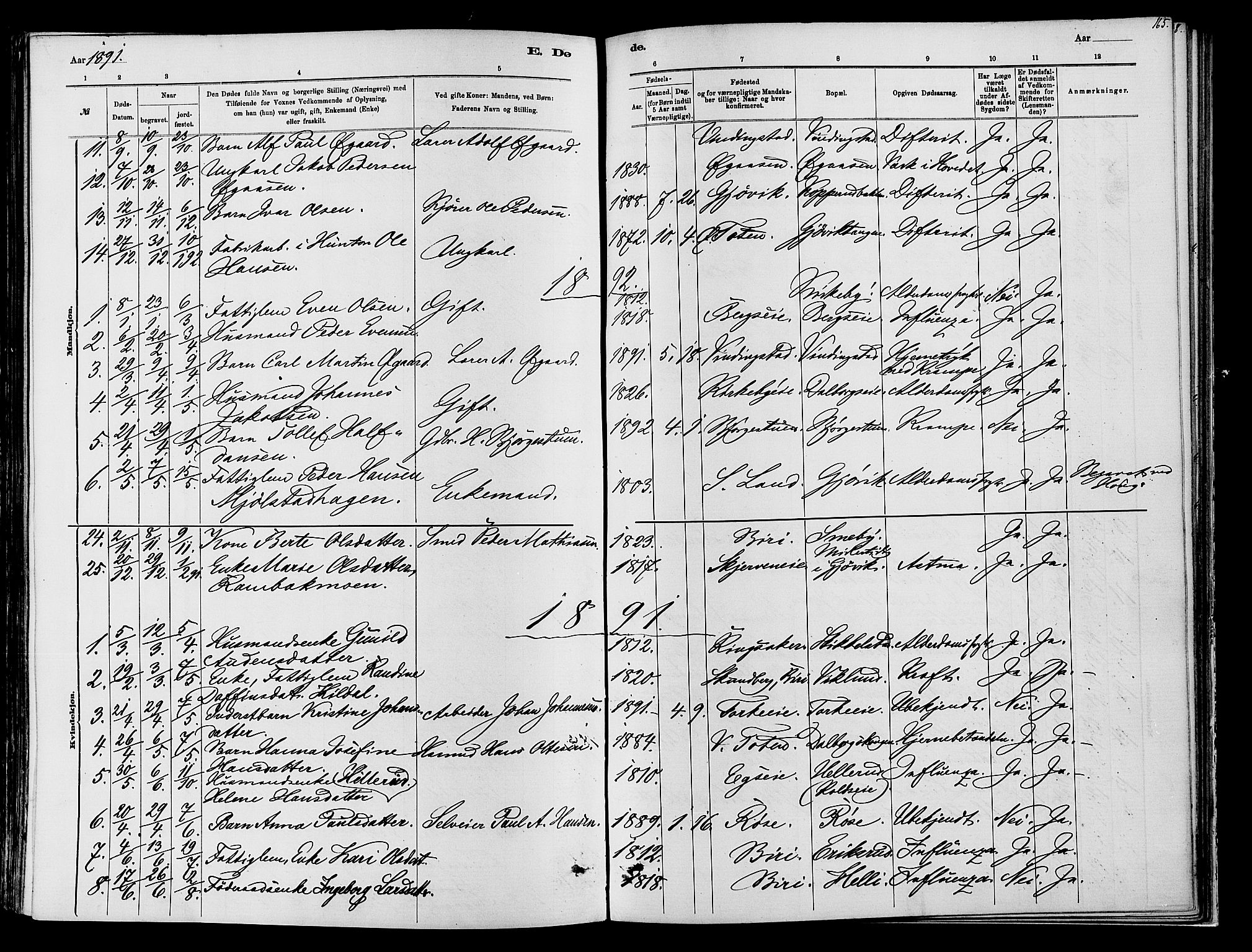 Vardal prestekontor, SAH/PREST-100/H/Ha/Haa/L0009: Parish register (official) no. 9, 1878-1892, p. 165
