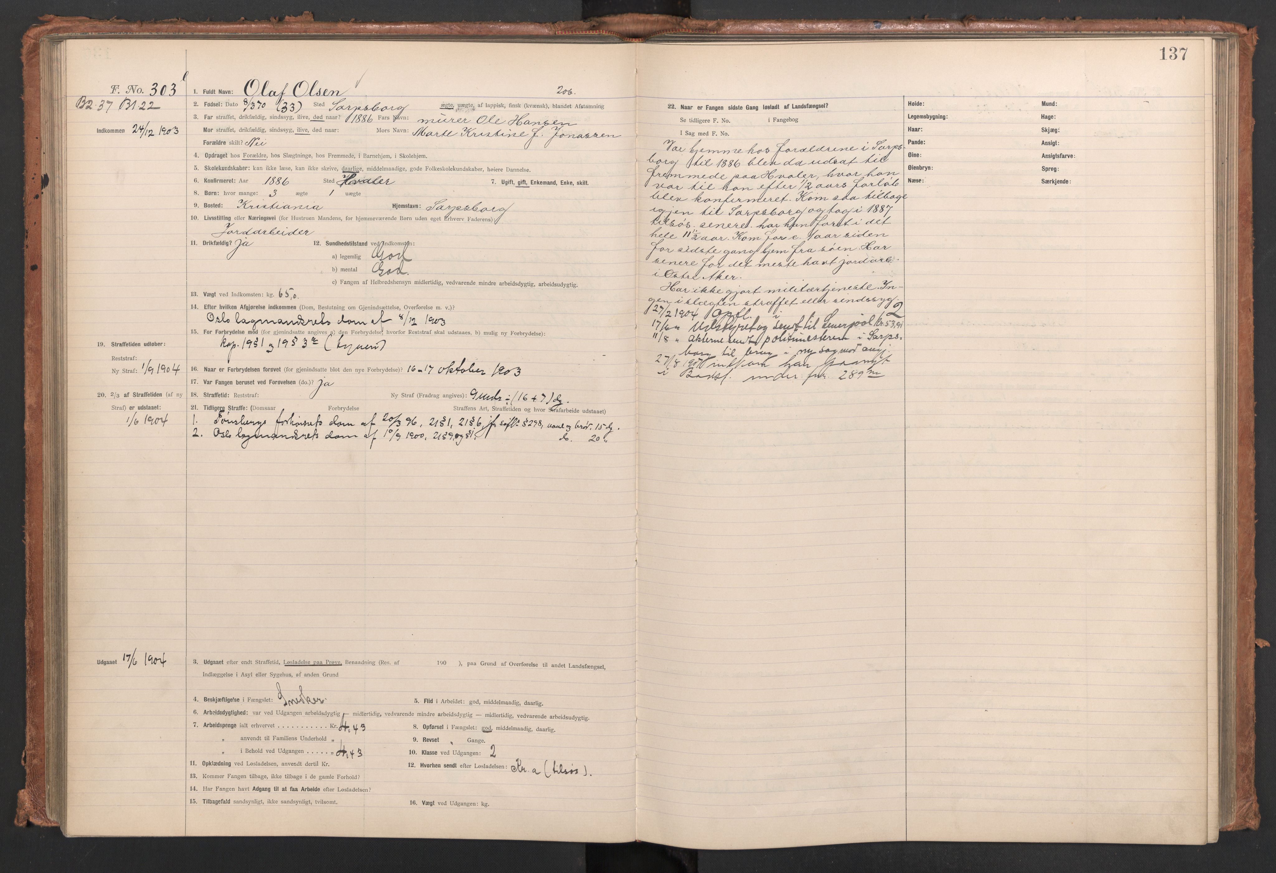 Botsfengslet, AV/RA-S-1539/D/Db/Dbb/L0038: 167l - 478l, 1903-1904, p. 137