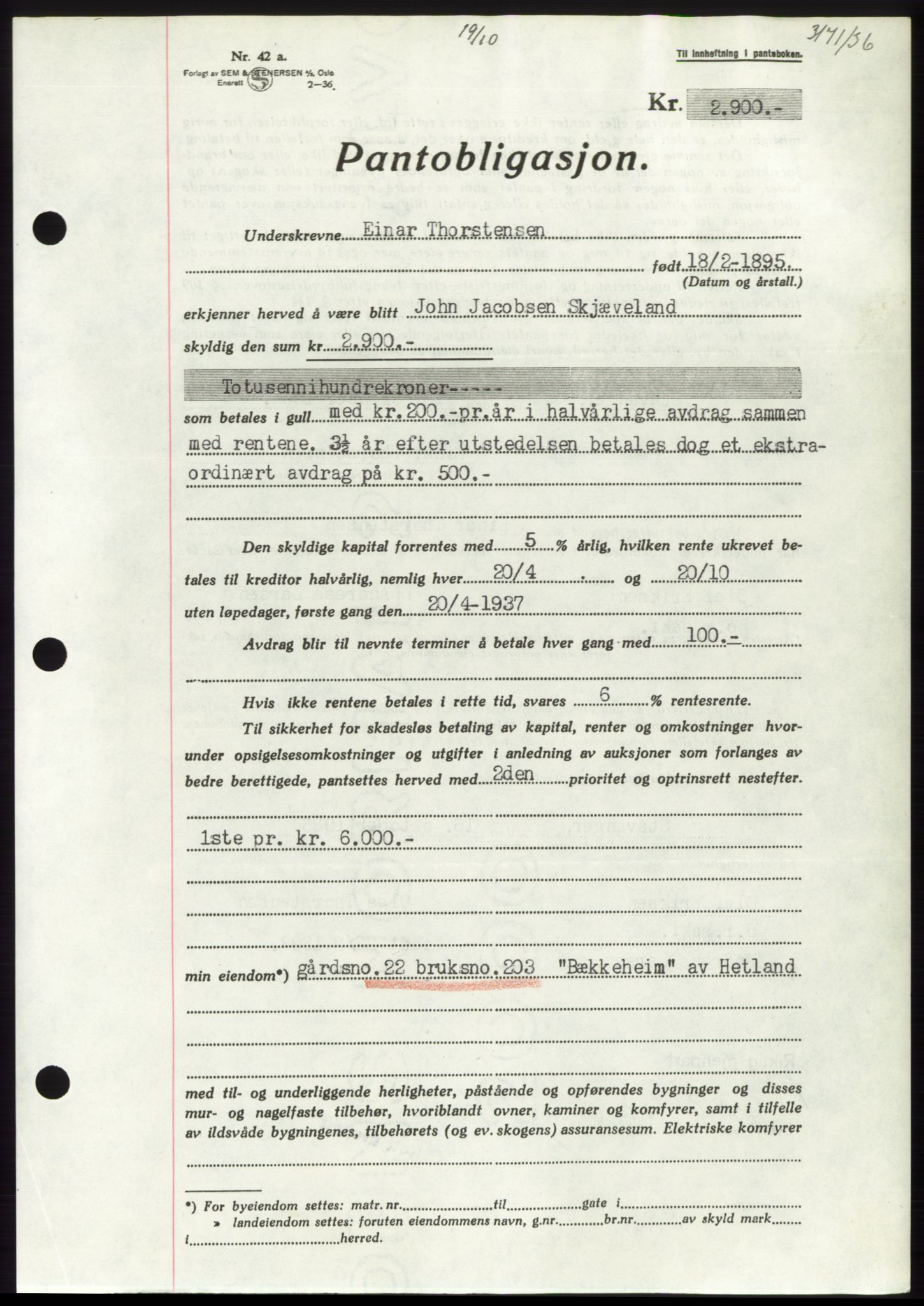 Jæren sorenskriveri, AV/SAST-A-100310/03/G/Gba/L0066: Mortgage book no. 71-72, 1936-1936, Diary no: : 3171/1936