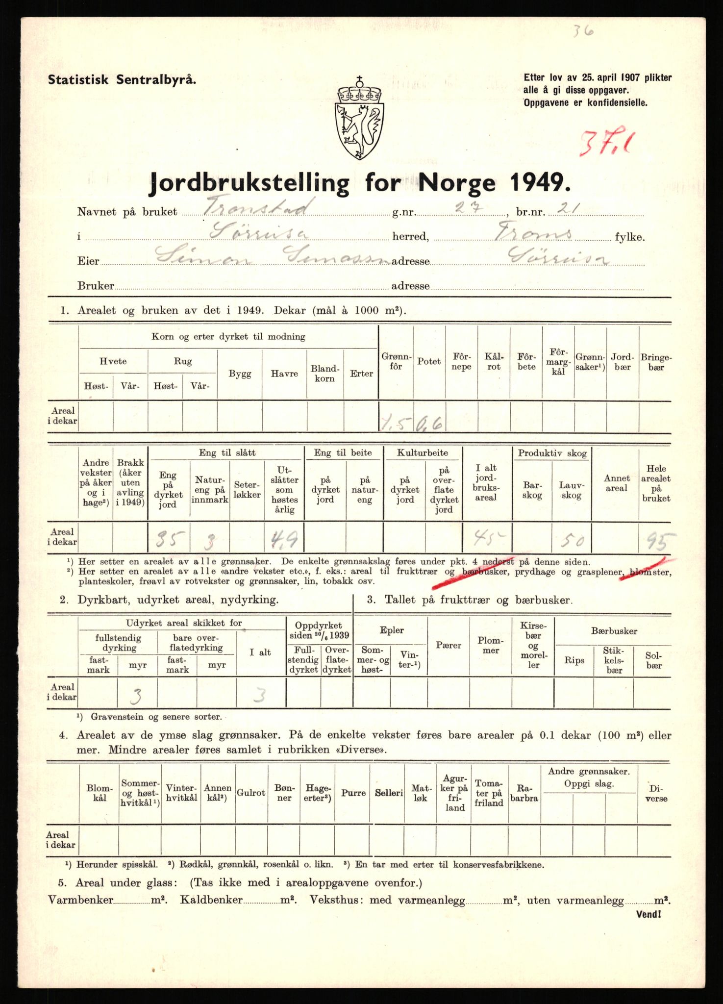 Statistisk sentralbyrå, Næringsøkonomiske emner, Jordbruk, skogbruk, jakt, fiske og fangst, AV/RA-S-2234/G/Gc/L0440: Troms: Sørreisa og Dyrøy, 1949, p. 517