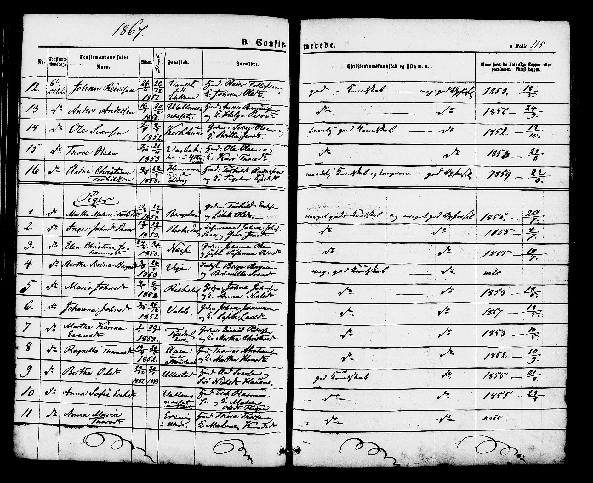 Hjelmeland sokneprestkontor, AV/SAST-A-101843/01/IV/L0012: Parish register (official) no. A 12, 1862-1886, p. 115