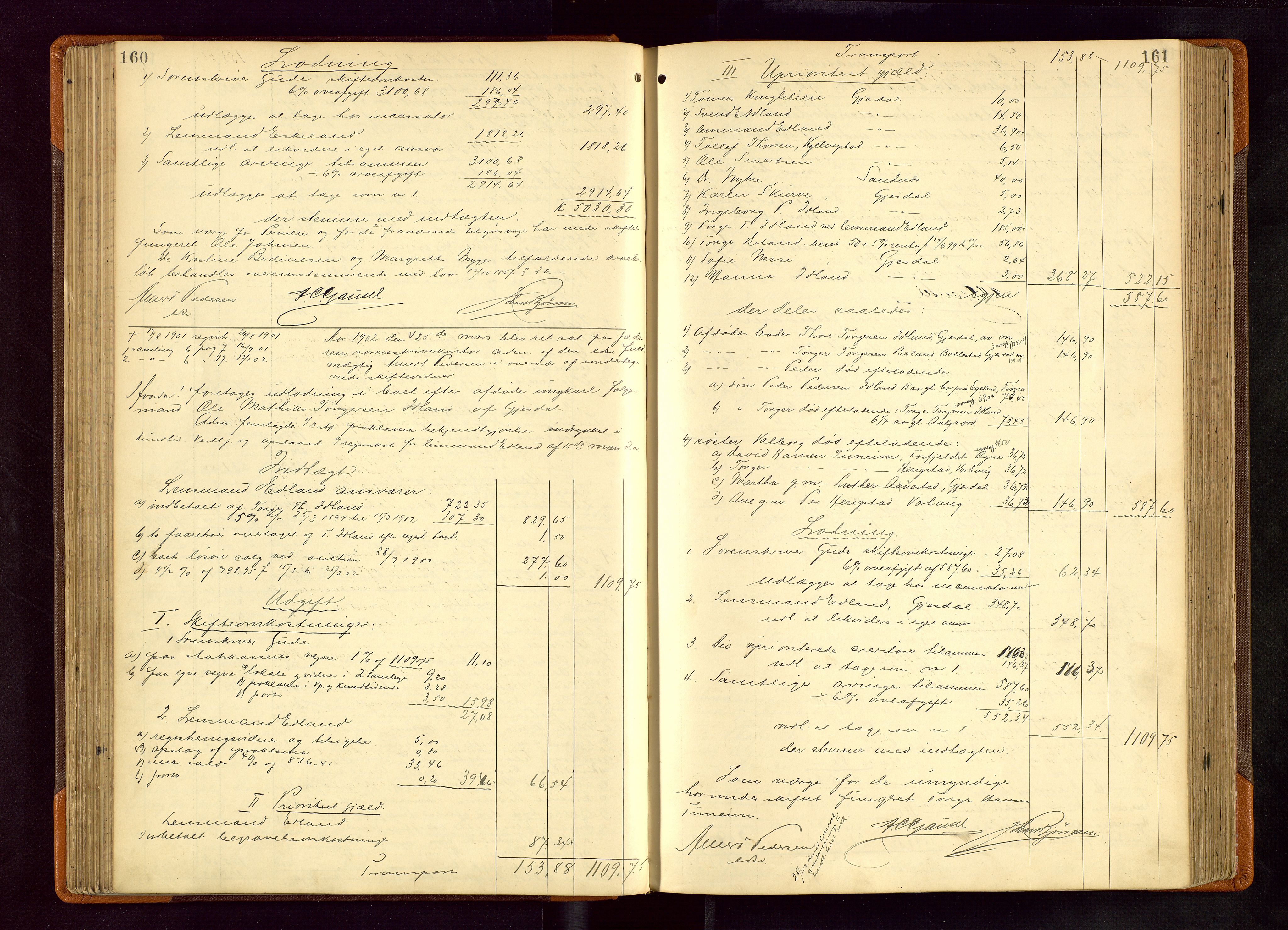 Jæren sorenskriveri, AV/SAST-A-100310/01/5/50/50BB/L0006: SKIFTEUTLODNINGSPROTOKOLL, 1900-1907, p. 160-161