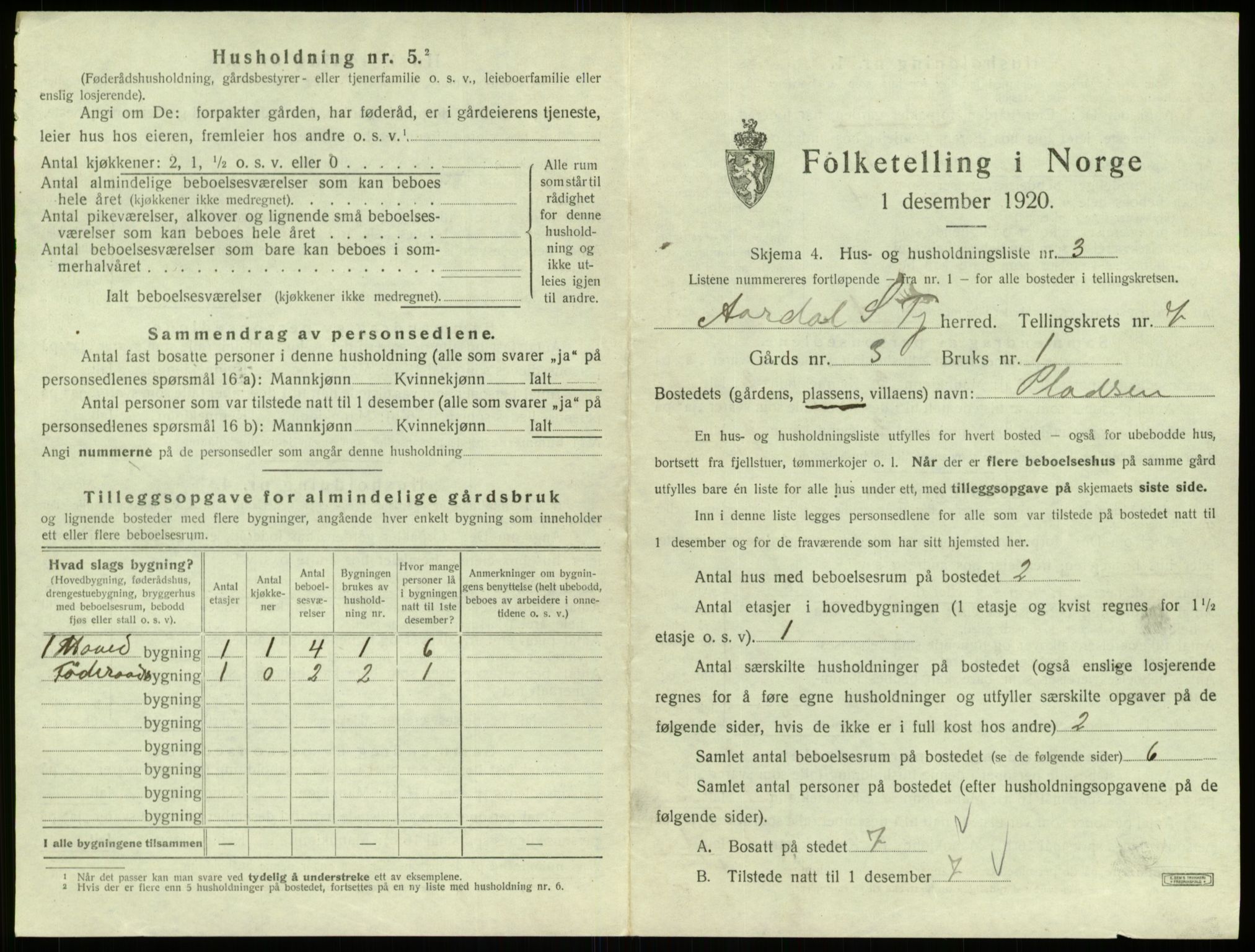 SAB, 1920 census for Årdal, 1920, p. 448