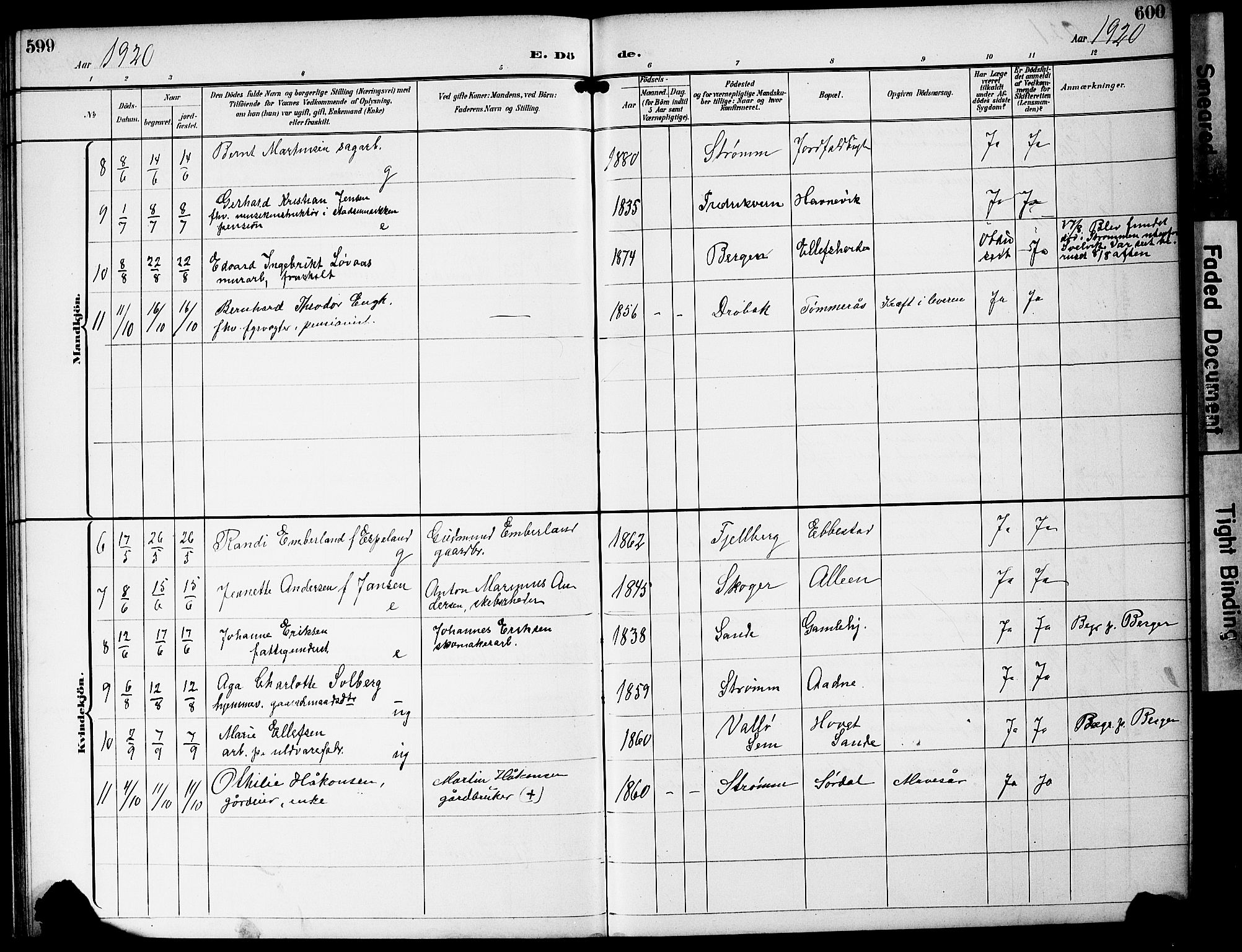 Strømm kirkebøker, AV/SAKO-A-322/G/Ga/L0004: Parish register (copy) no. I 4, 1897-1927, p. 599-600