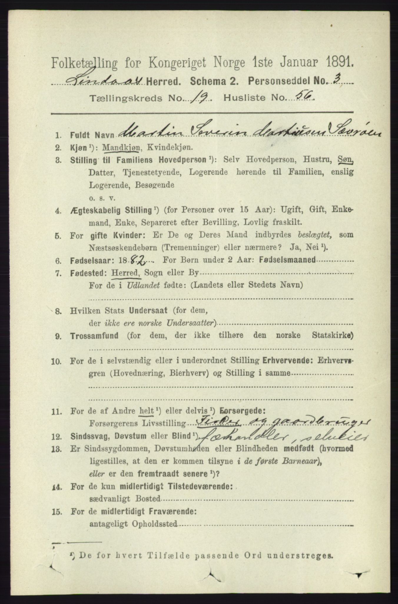 RA, 1891 census for 1263 Lindås, 1891, p. 7264