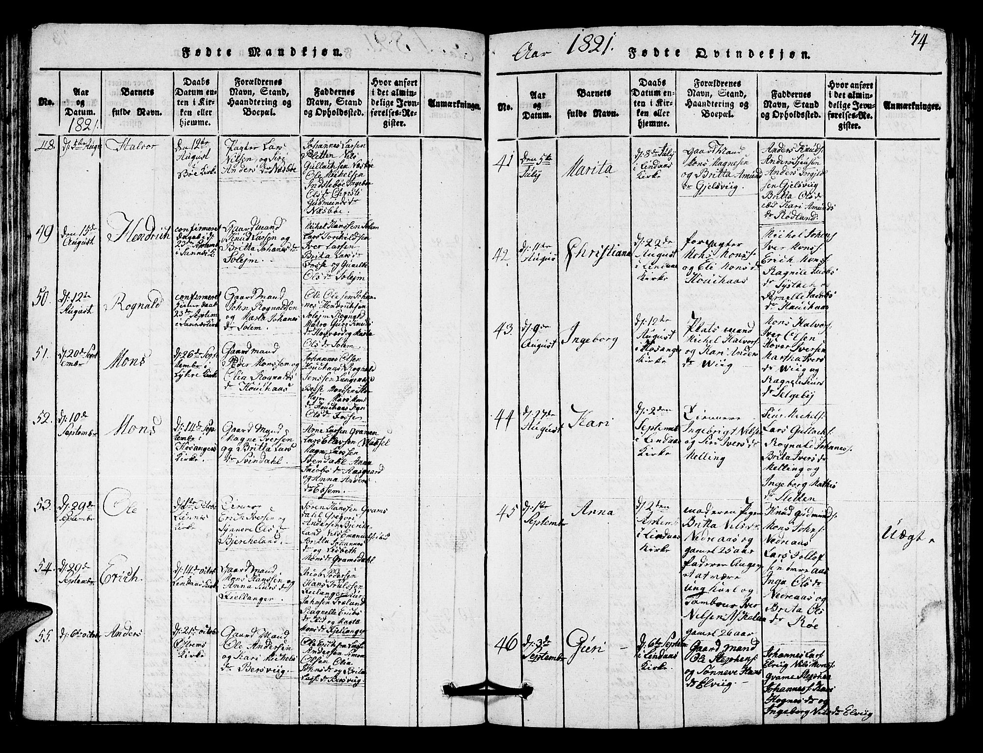 Lindås Sokneprestembete, AV/SAB-A-76701/H/Hab/Haba/L0001: Parish register (copy) no. A 1, 1816-1823, p. 74