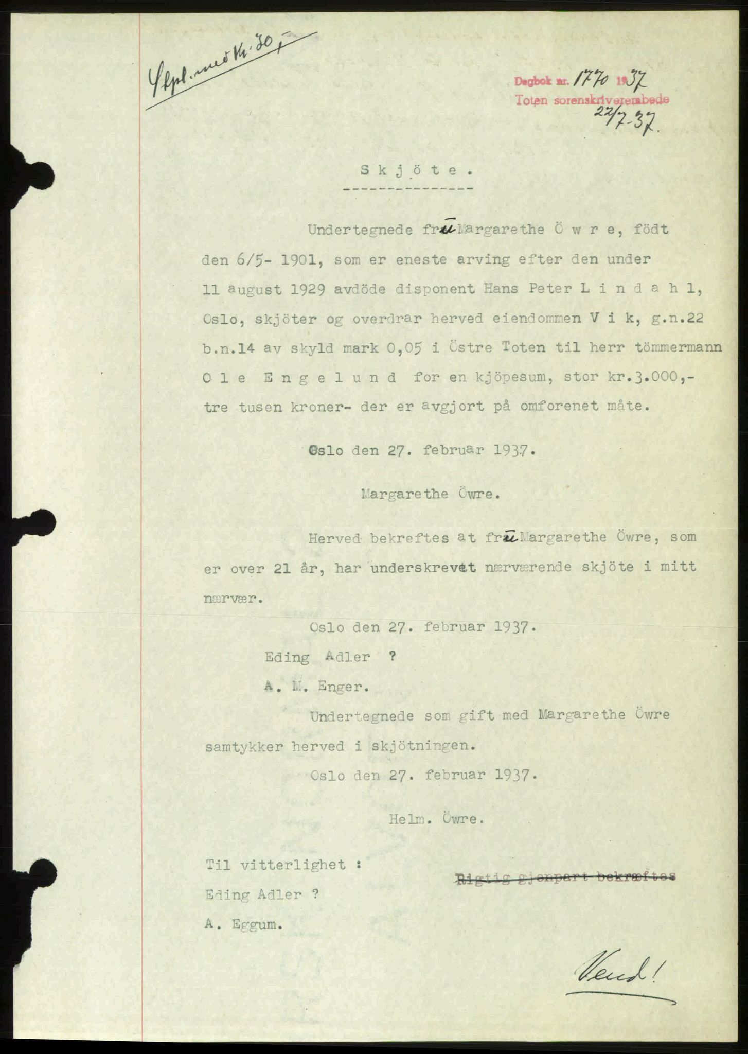 Toten tingrett, SAH/TING-006/H/Hb/Hbc/L0003: Mortgage book no. Hbc-03, 1937-1938, Diary no: : 1770/1937
