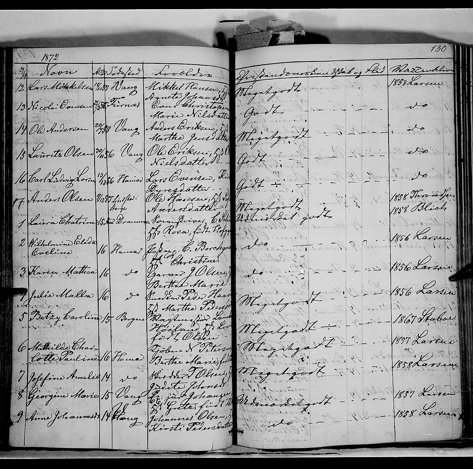 Vang prestekontor, Hedmark, SAH/PREST-008/H/Ha/Haa/L0011: Parish register (official) no. 11, 1852-1877, p. 130