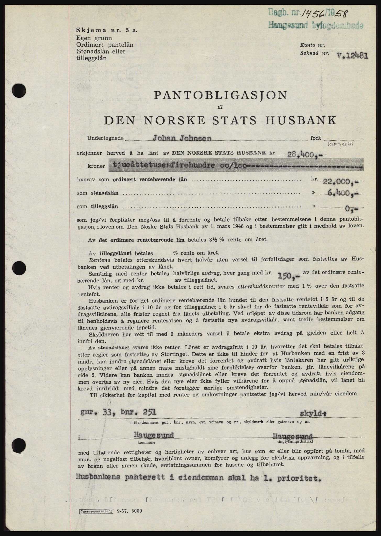 Haugesund tingrett, SAST/A-101415/01/II/IIC/L0044: Mortgage book no. B 44, 1958-1959, Diary no: : 1456/1958