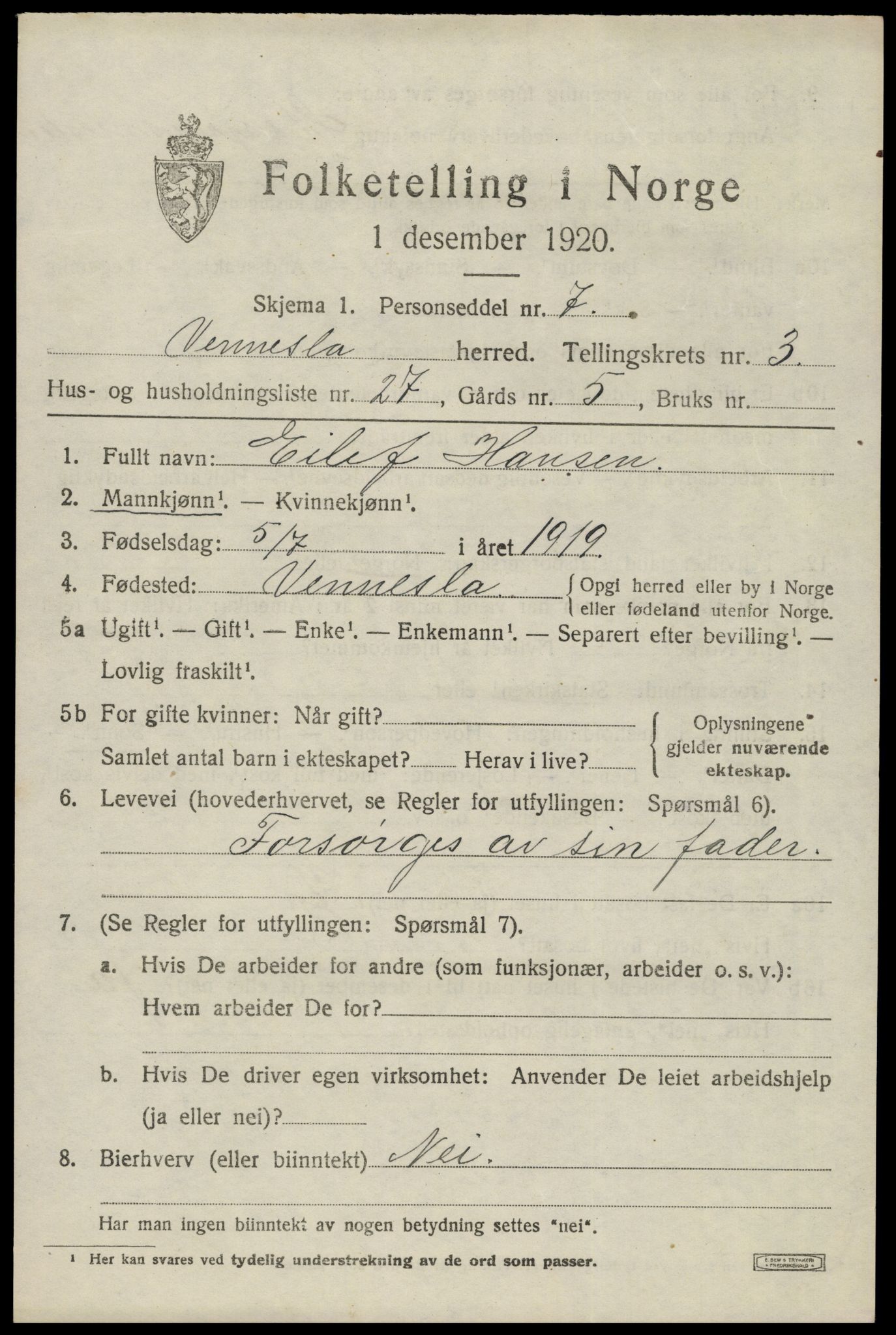 SAK, 1920 census for Vennesla, 1920, p. 2654