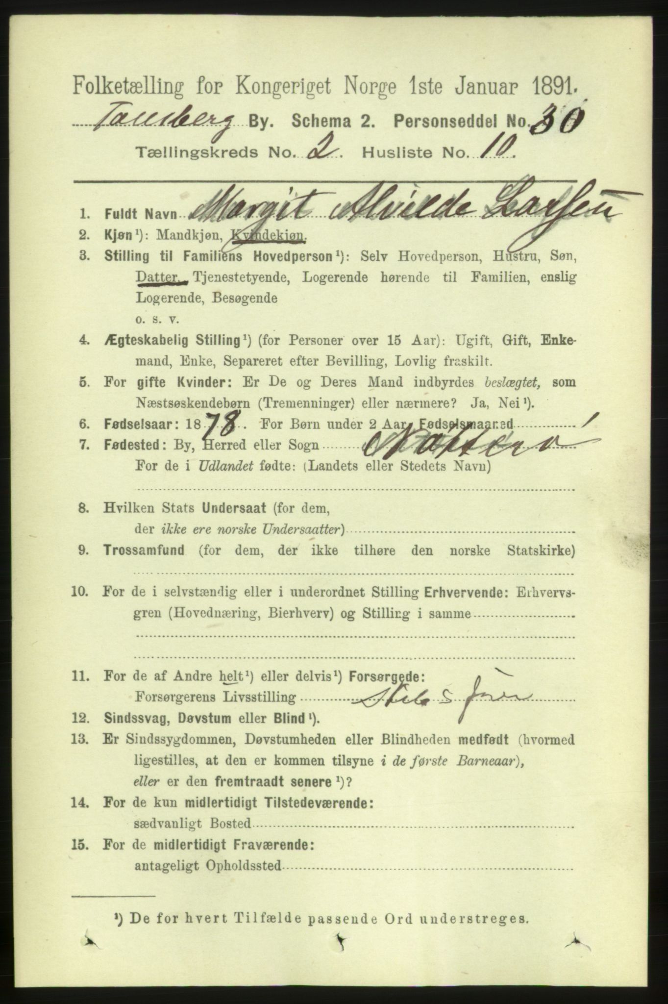 RA, 1891 census for 0705 Tønsberg, 1891, p. 1603