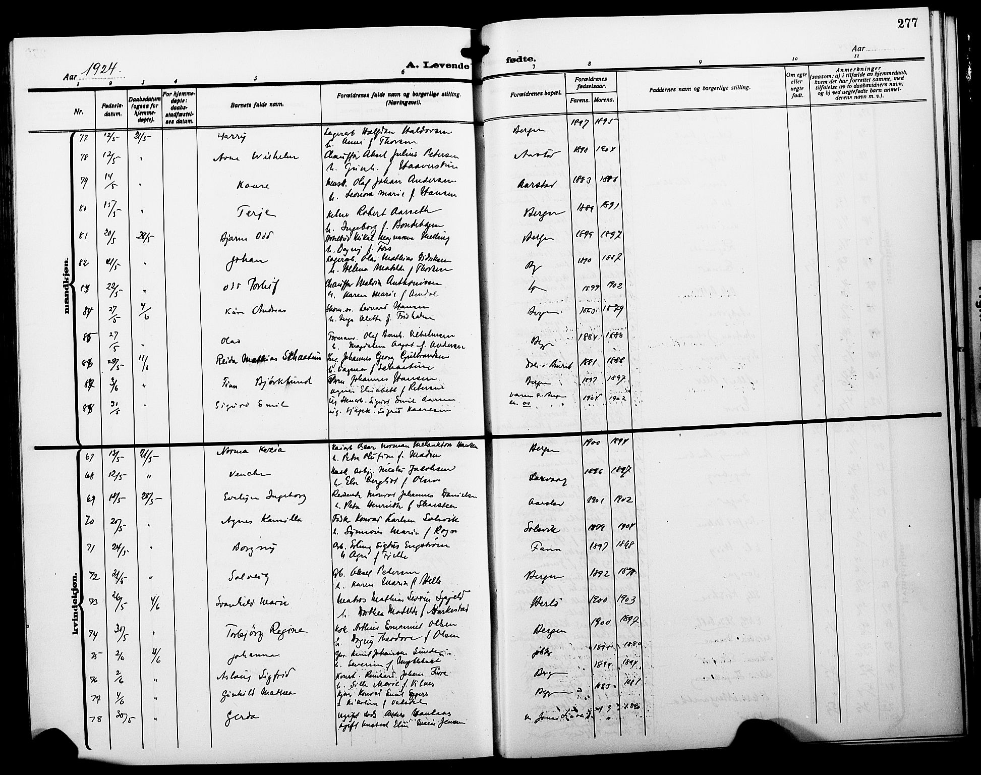 Fødselsstiftelsens sokneprestembete*, SAB/-: Parish register (copy) no. A 3, 1916-1925, p. 277