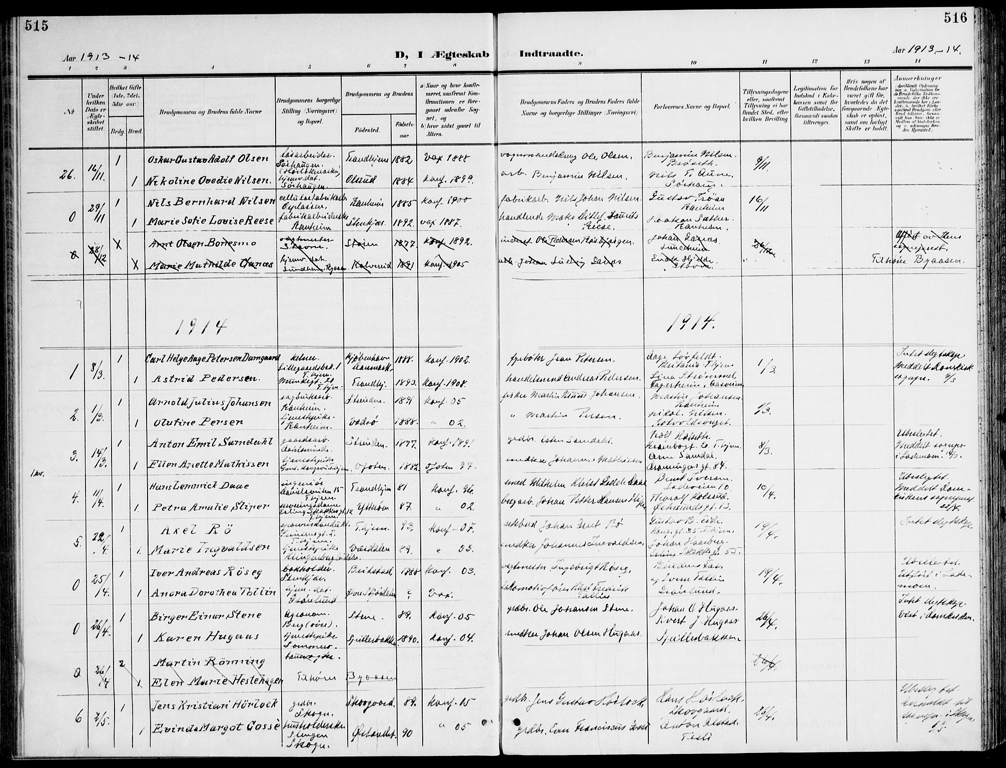 Ministerialprotokoller, klokkerbøker og fødselsregistre - Sør-Trøndelag, SAT/A-1456/607/L0320: Parish register (official) no. 607A04, 1907-1915, p. 515-516