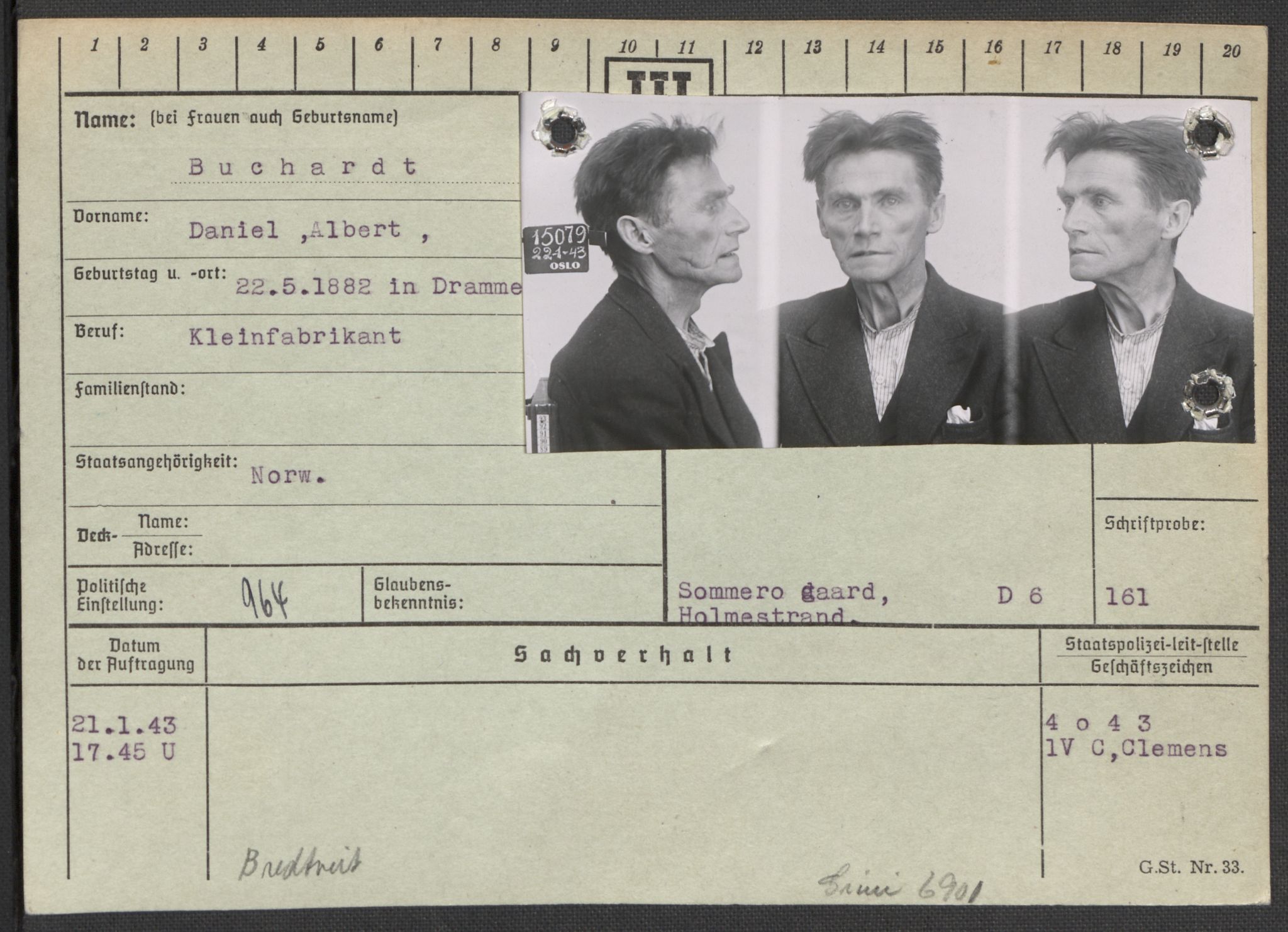 Befehlshaber der Sicherheitspolizei und des SD, AV/RA-RAFA-5969/E/Ea/Eaa/L0002: Register over norske fanger i Møllergata 19: Bj-Eng, 1940-1945, p. 467