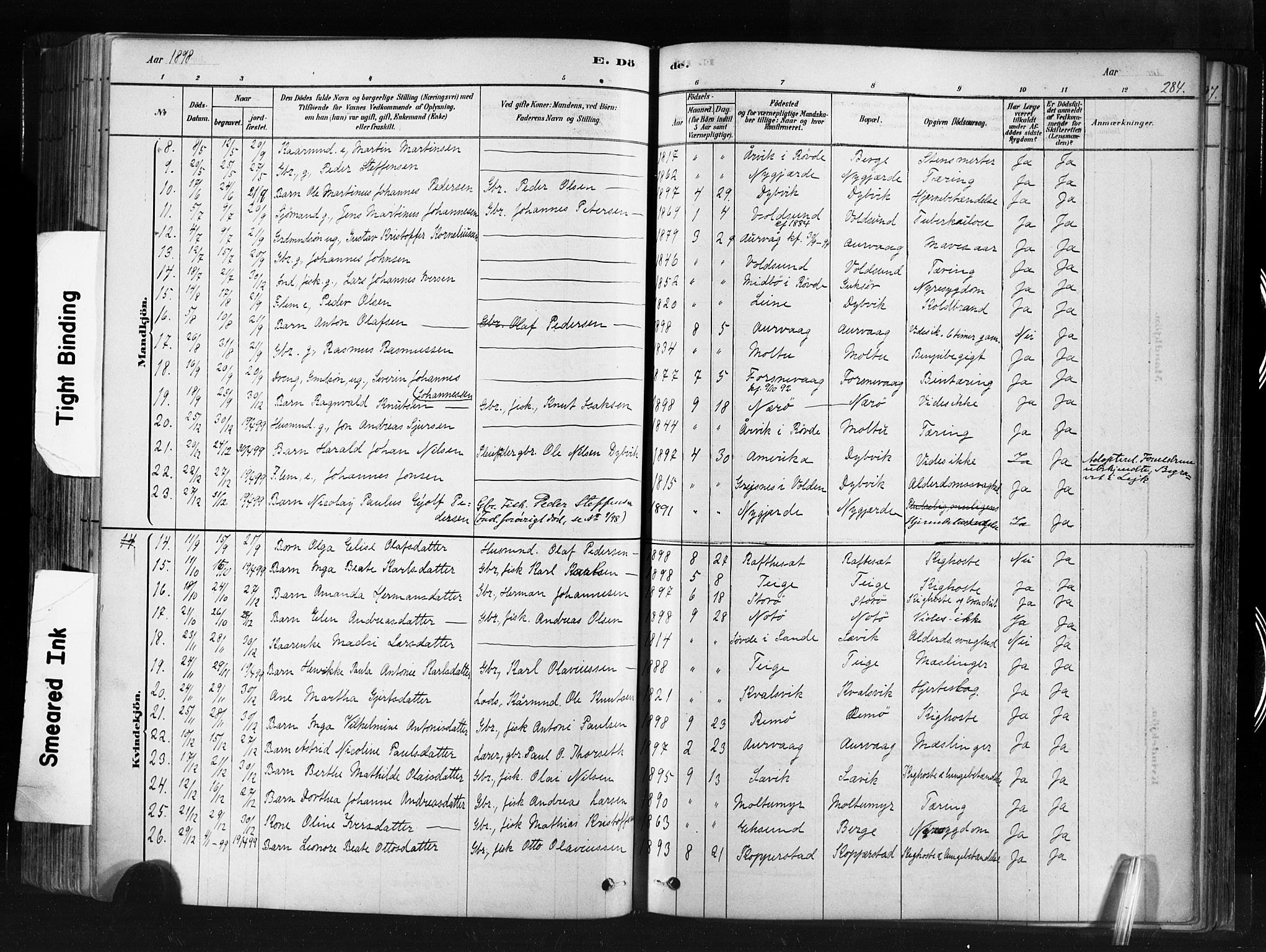 Ministerialprotokoller, klokkerbøker og fødselsregistre - Møre og Romsdal, SAT/A-1454/507/L0073: Parish register (official) no. 507A08, 1878-1904, p. 284