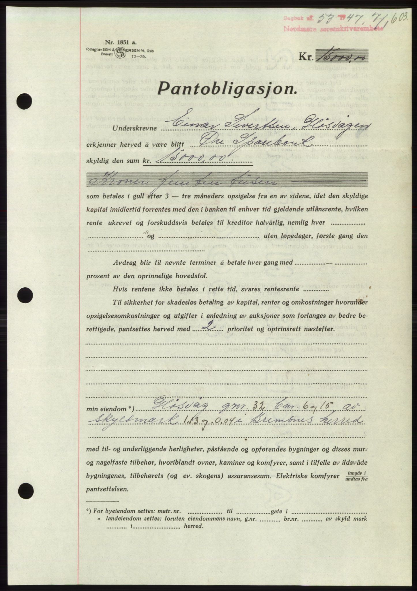 Nordmøre sorenskriveri, AV/SAT-A-4132/1/2/2Ca: Mortgage book no. B95, 1946-1947, Diary no: : 53/1947